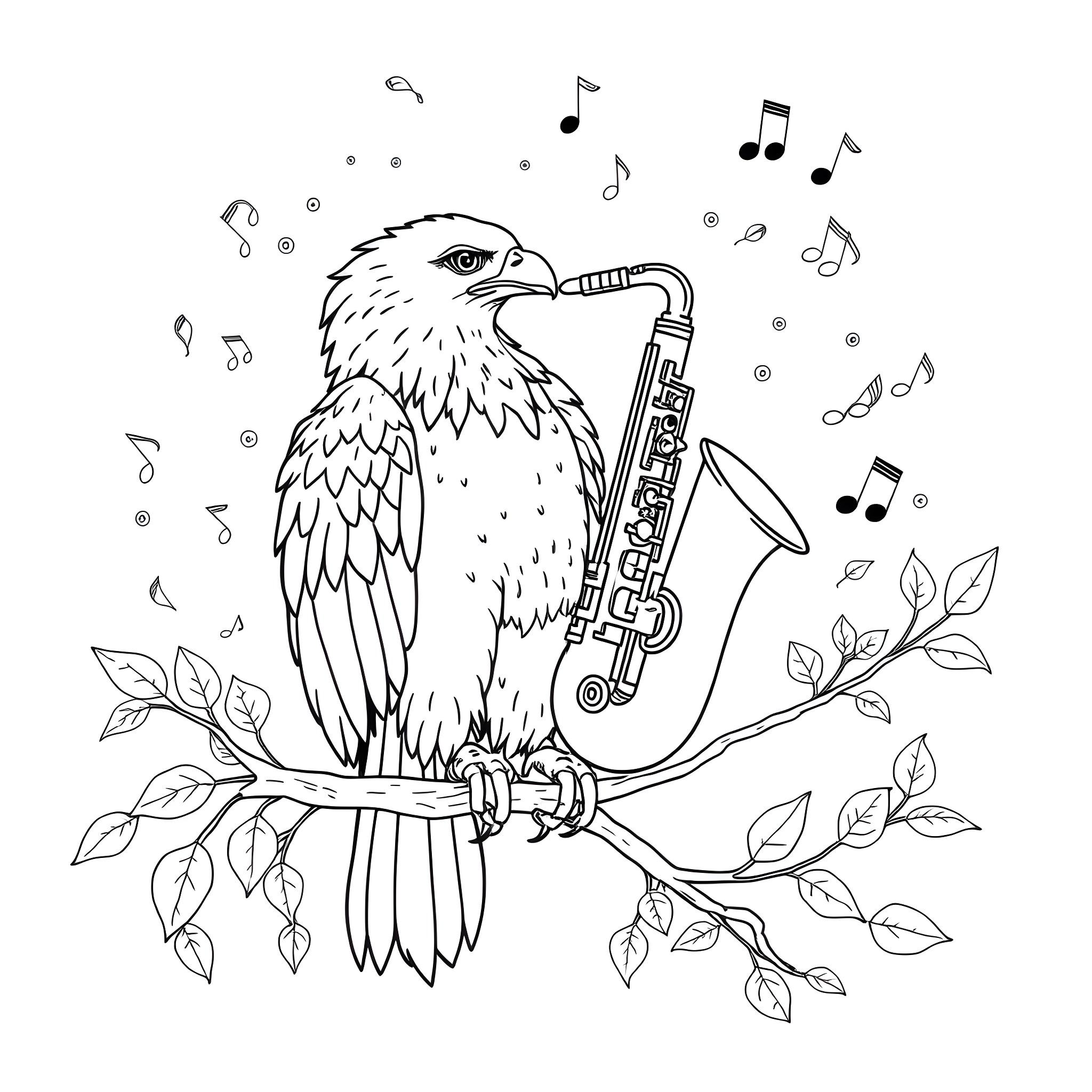 Eagle Playing Saxophone with Musical Notes Coloring Page (free black-and-white line drawing printable PDF for all, from beginners to advanced learners, including children, teens, adults, and seniors)