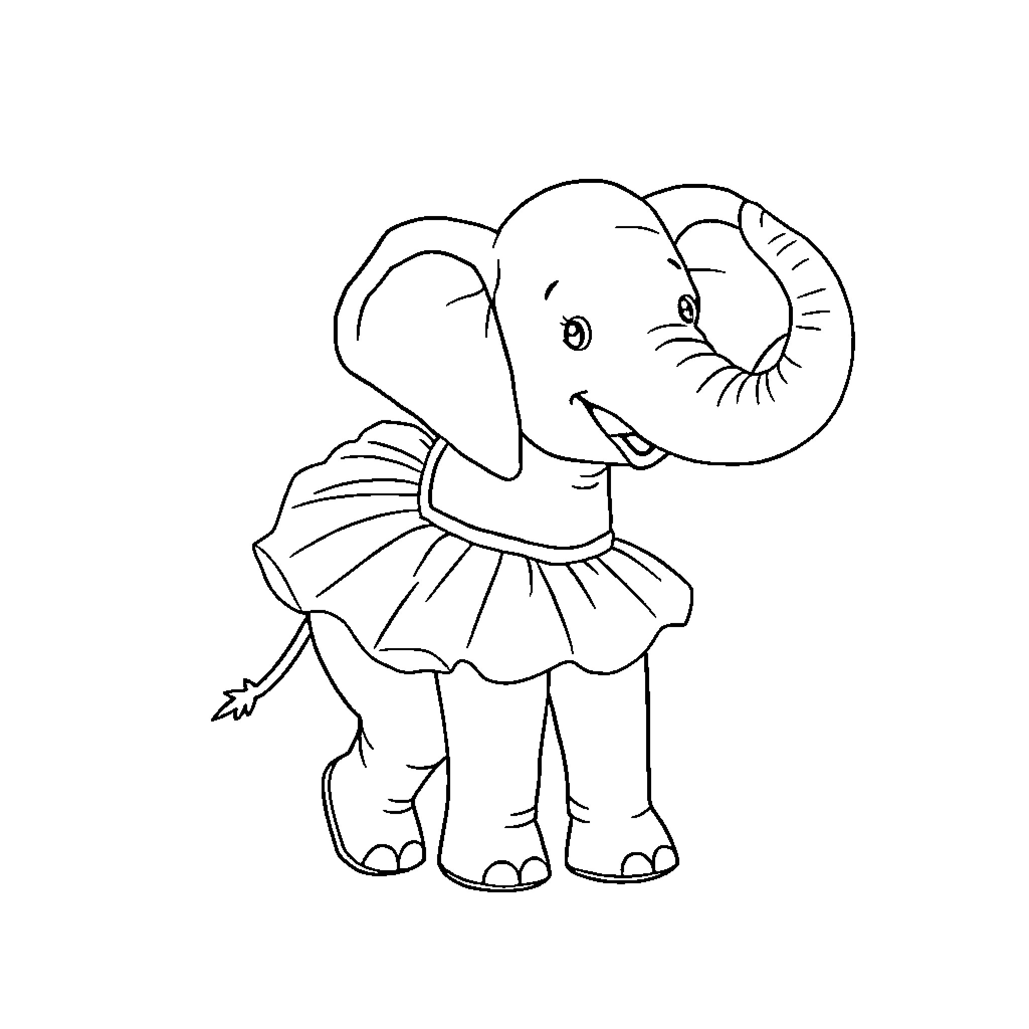 Elephant dressed in a ballerina outfit Coloring Page (free black-and-white line drawing printable PDF for all, from beginners to advanced learners, including children, teens, adults, and seniors)