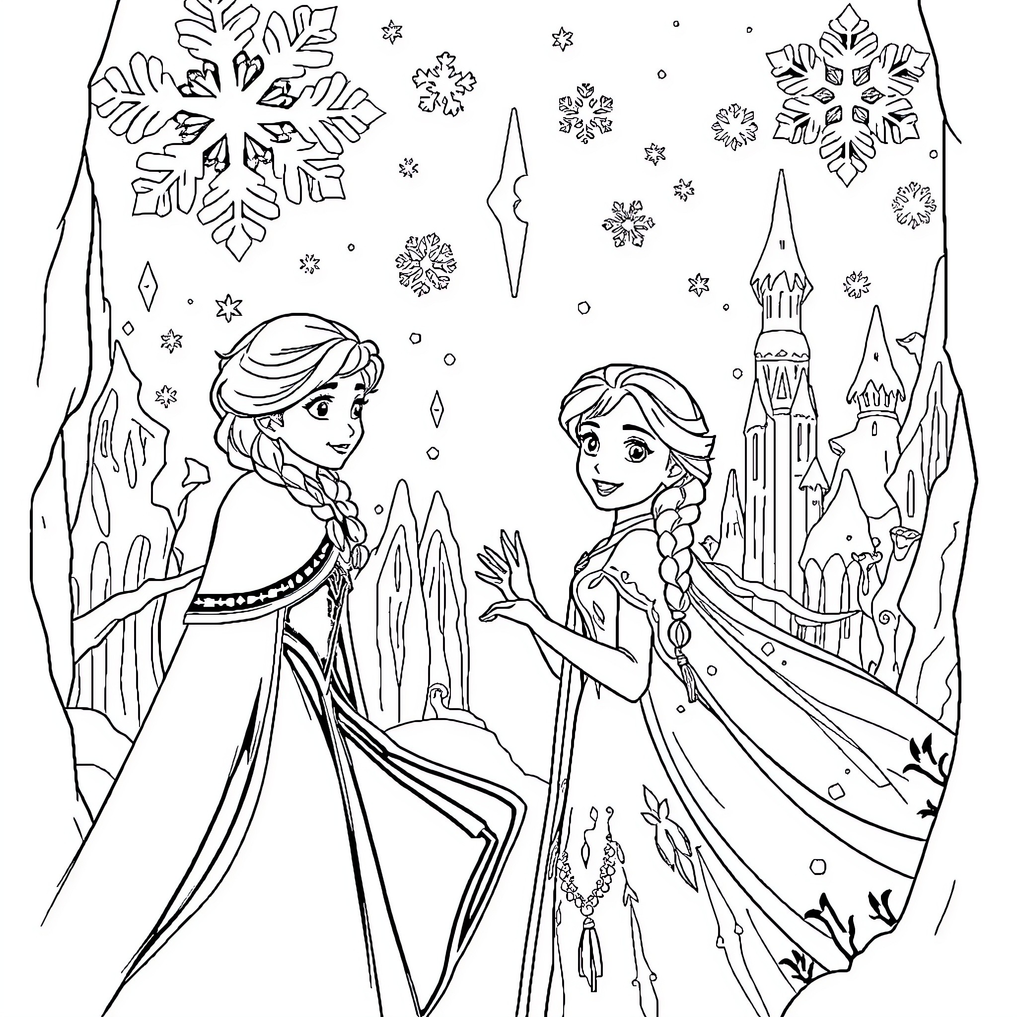 Snow Queen sisters in winter wonderland Coloring Page (free black-and-white line drawing printable PDF for all, from beginners to advanced learners, including children, teens, adults, and seniors)