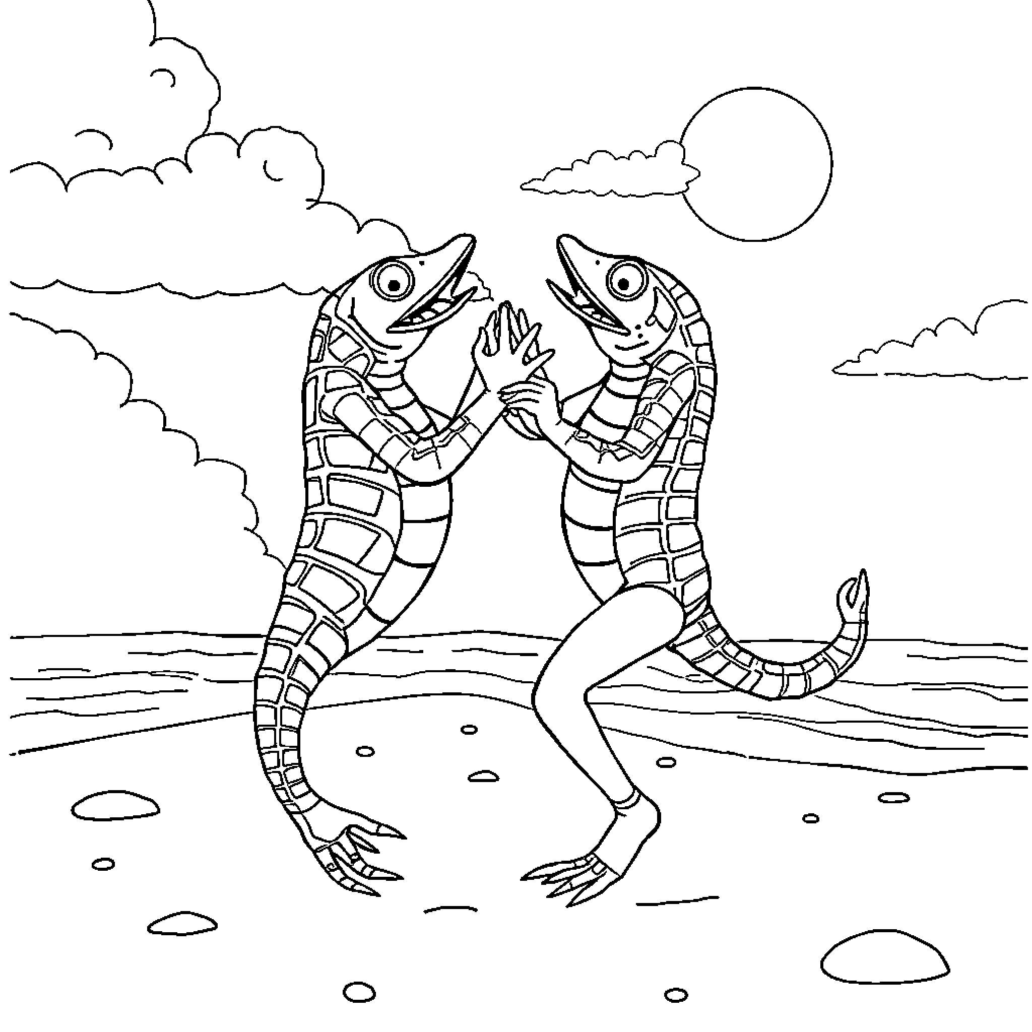 Scorpion creatures playing at the beach Coloring Page (free black-and-white line drawing printable PDF for all, from beginners to advanced learners, including children, teens, adults, and seniors)
