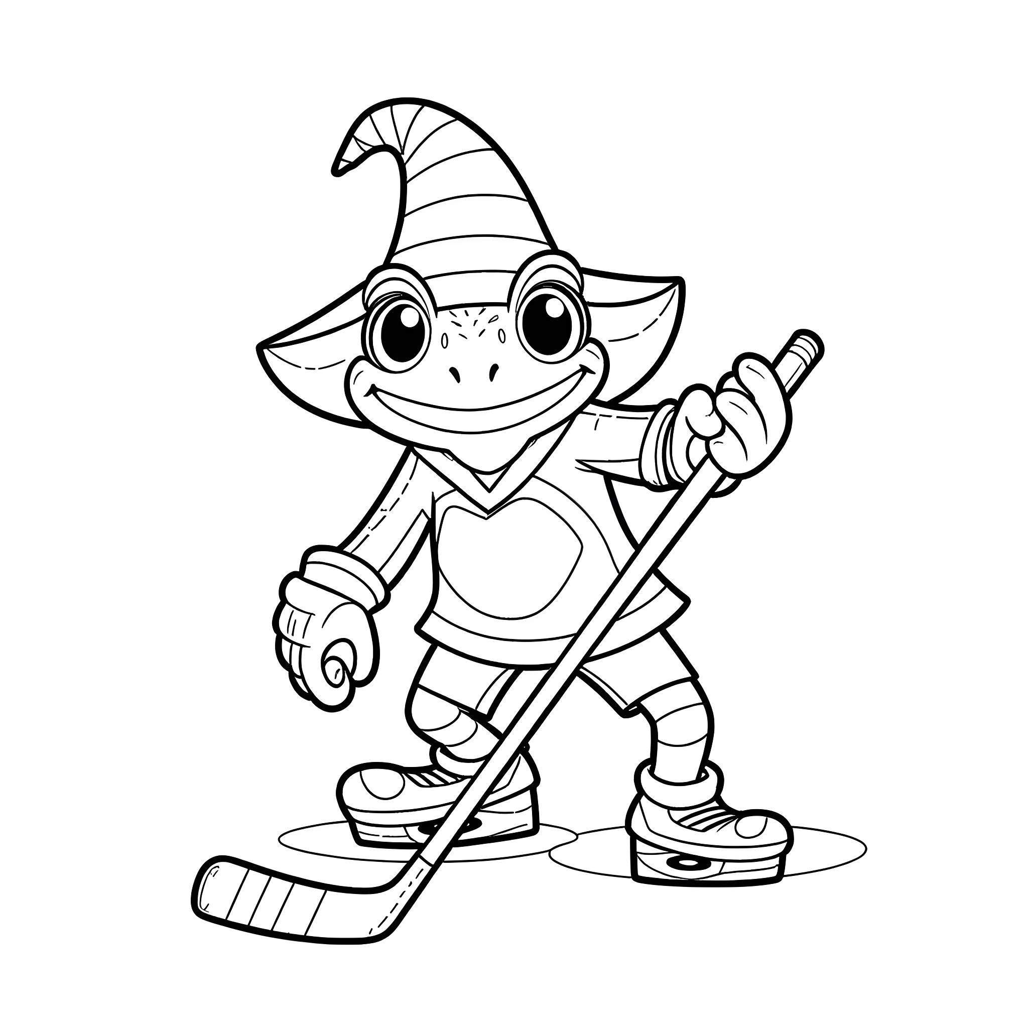 Frog Wizard Playing Hockey with Enchanted Stick Coloring Page (free black-and-white line drawing printable PDF for all, from beginners to advanced learners, including children, teens, adults, and seniors)