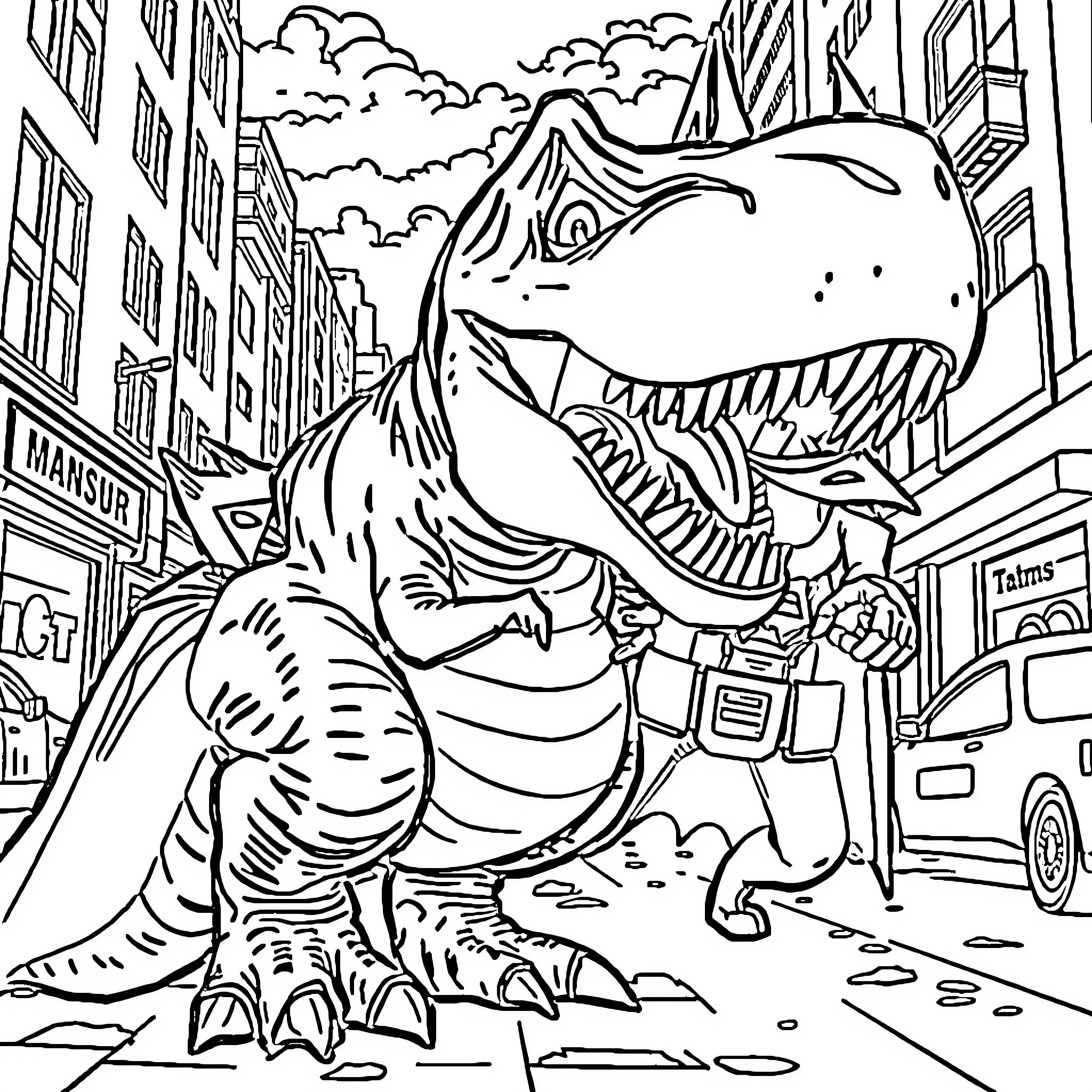 Baby T-Rex exploring the city streets Coloring Page (free black-and-white line drawing printable PDF for all, from beginners to advanced learners, including children, teens, adults, and seniors)