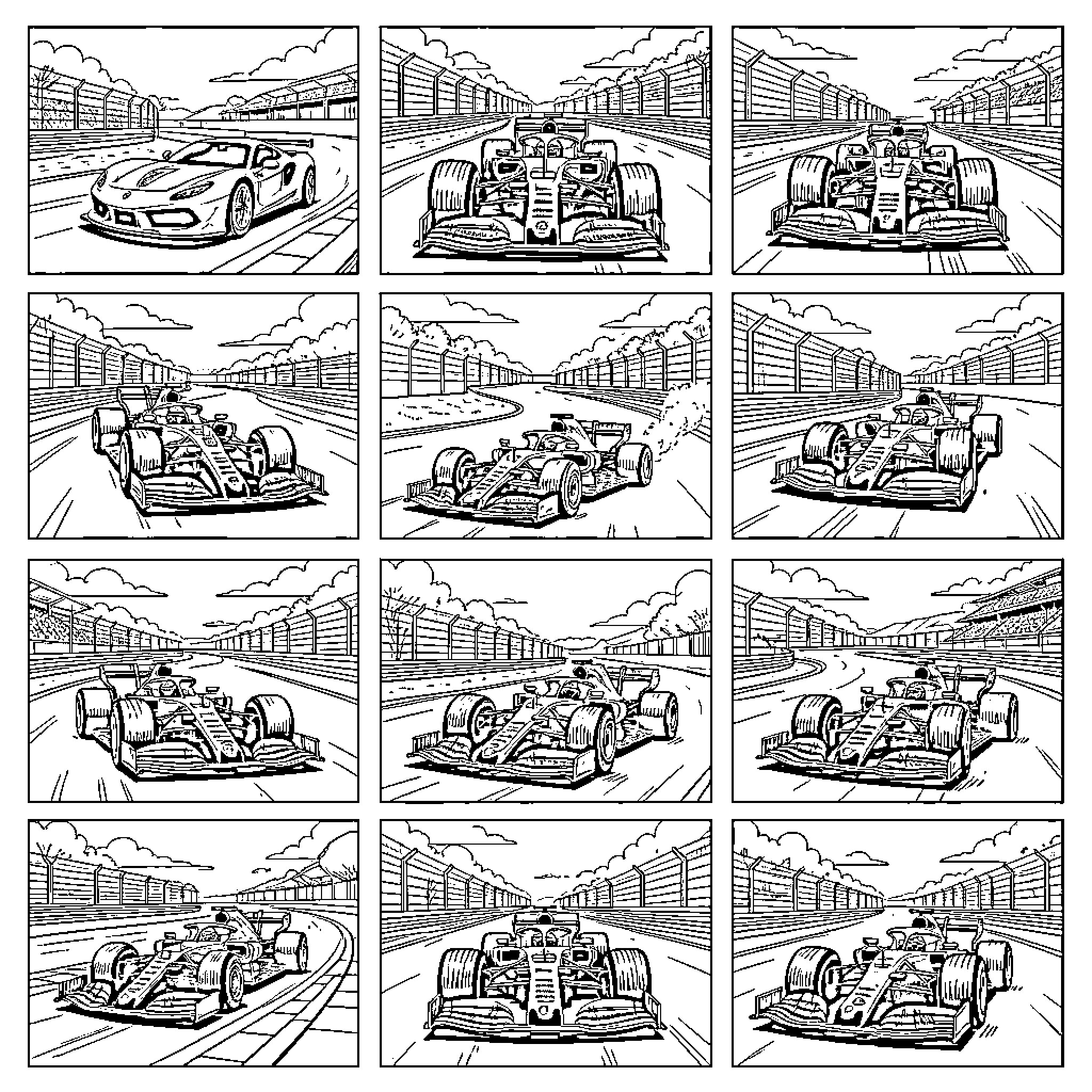 Formula 1 race cars in action on the track Coloring Page (free black-and-white line drawing printable PDF for all, from beginners to advanced learners, including children, teens, adults, and seniors)