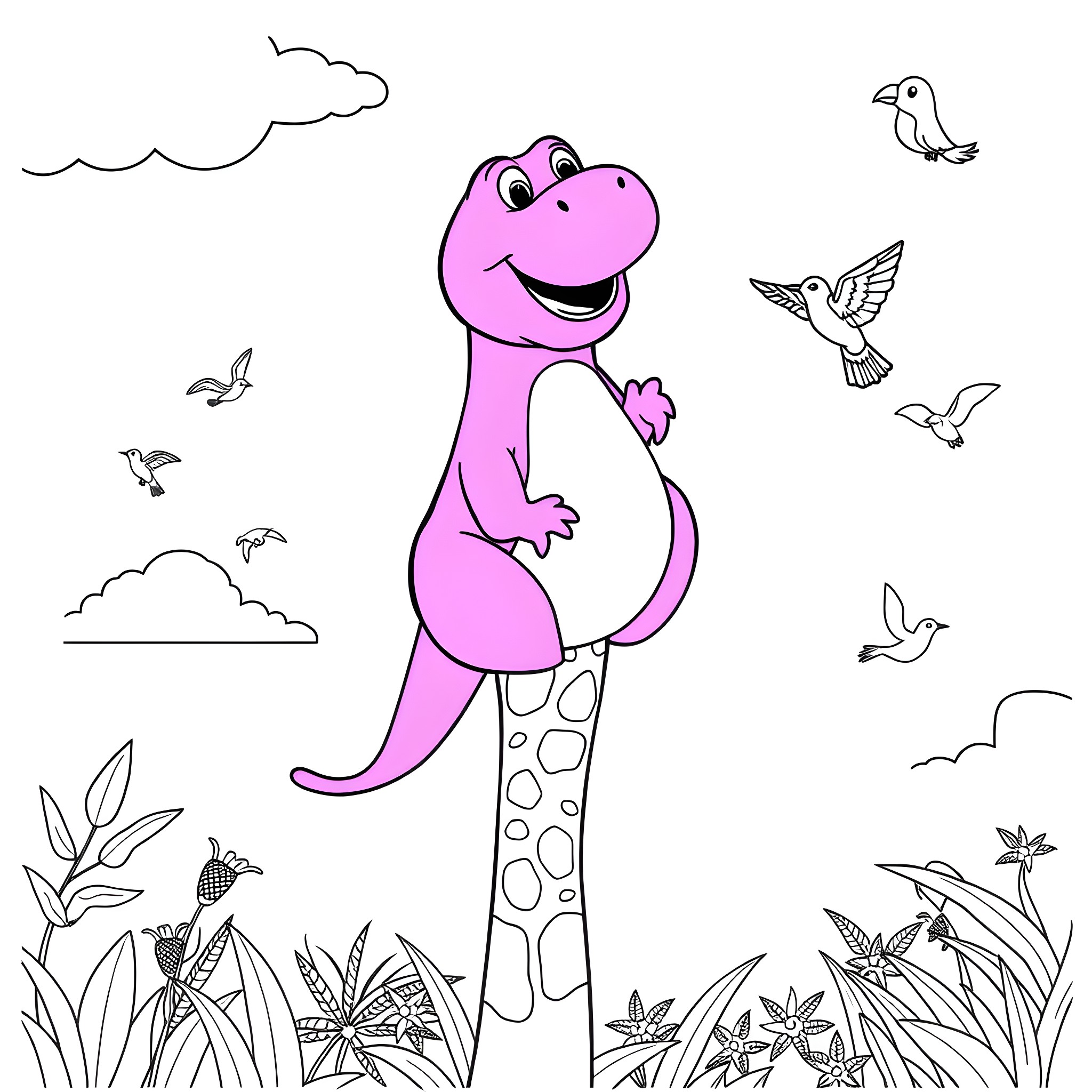 Barney the dinosaur playing in the nature Coloring Page (free black-and-white line drawing printable PDF for all, from beginners to advanced learners, including children, teens, adults, and seniors)