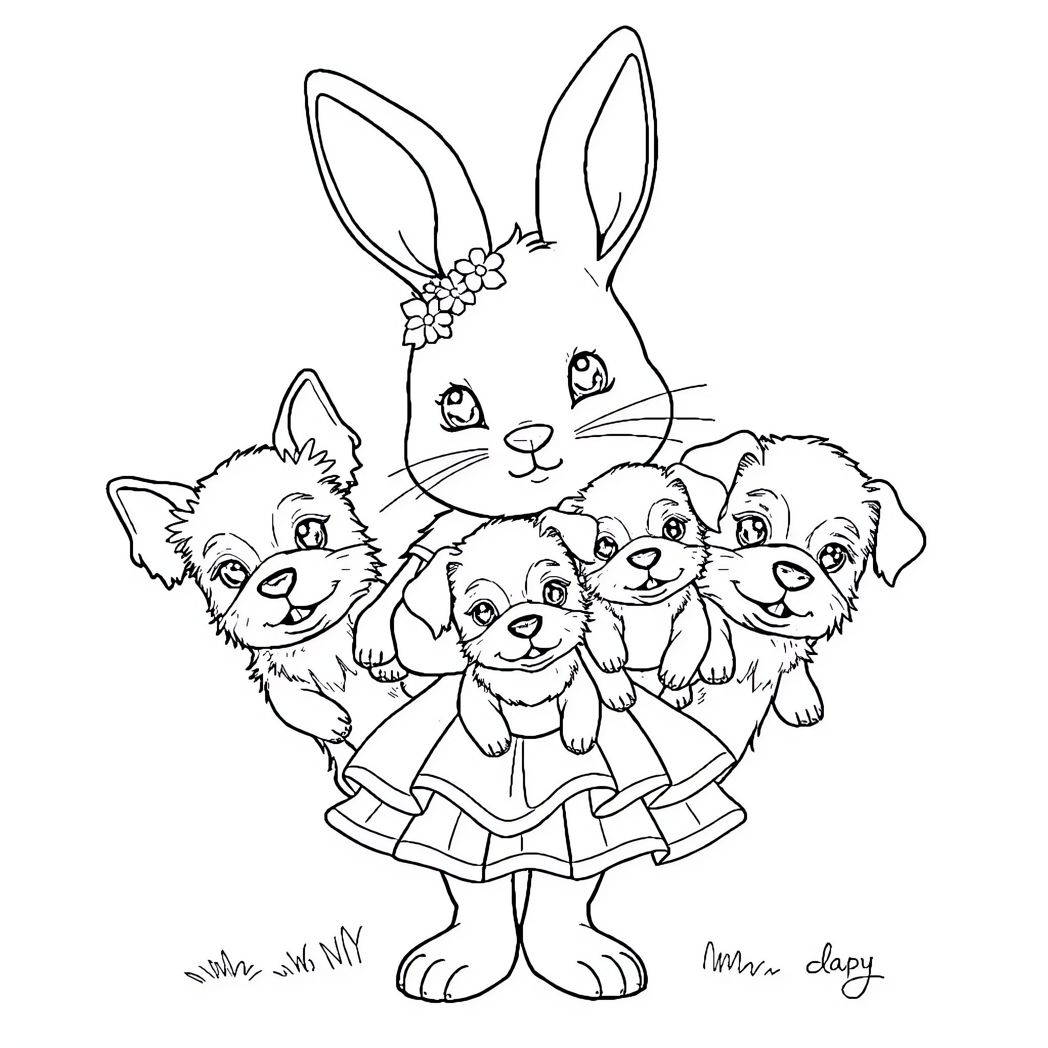Bunny with adorable animal companions Coloring Page (free black-and-white line drawing printable PDF for all, from beginners to advanced learners, including children, teens, adults, and seniors)