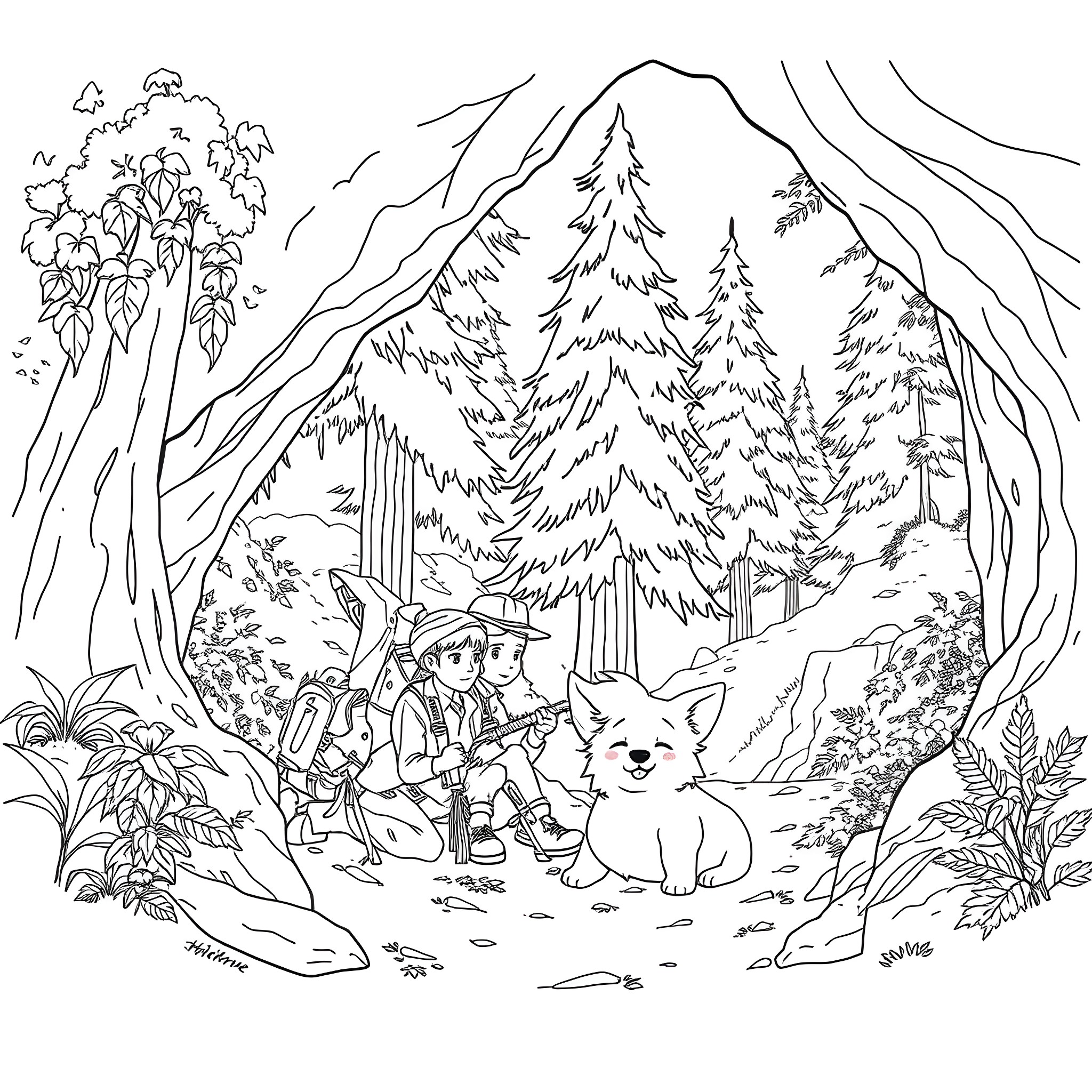 Man and dog exploring the forest wilderness Coloring Page (free black-and-white line drawing printable PDF for all, from beginners to advanced learners, including children, teens, adults, and seniors)