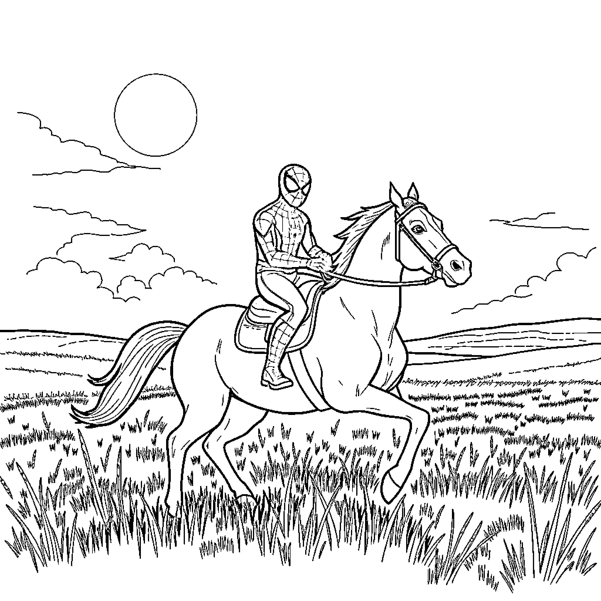 Spider-Man riding a horse through the countryside Coloring Page (free black-and-white line drawing printable PDF for all, from beginners to advanced learners, including children, teens, adults, and seniors)