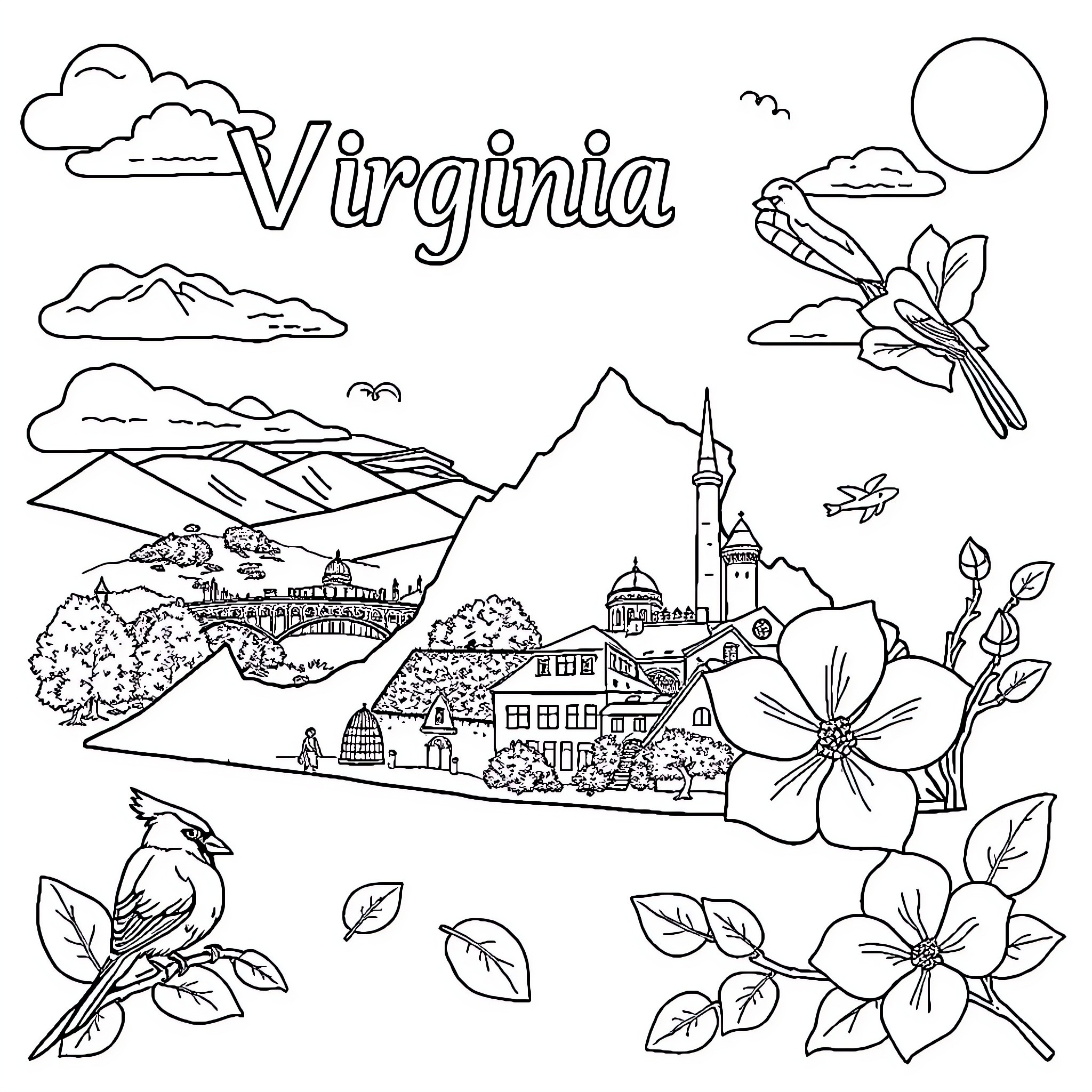 Virginia's Scenic Landscape and Floral Highlights Coloring Page (free black-and-white line drawing printable PDF for all, from beginners to advanced learners, including children, teens, adults, and seniors)