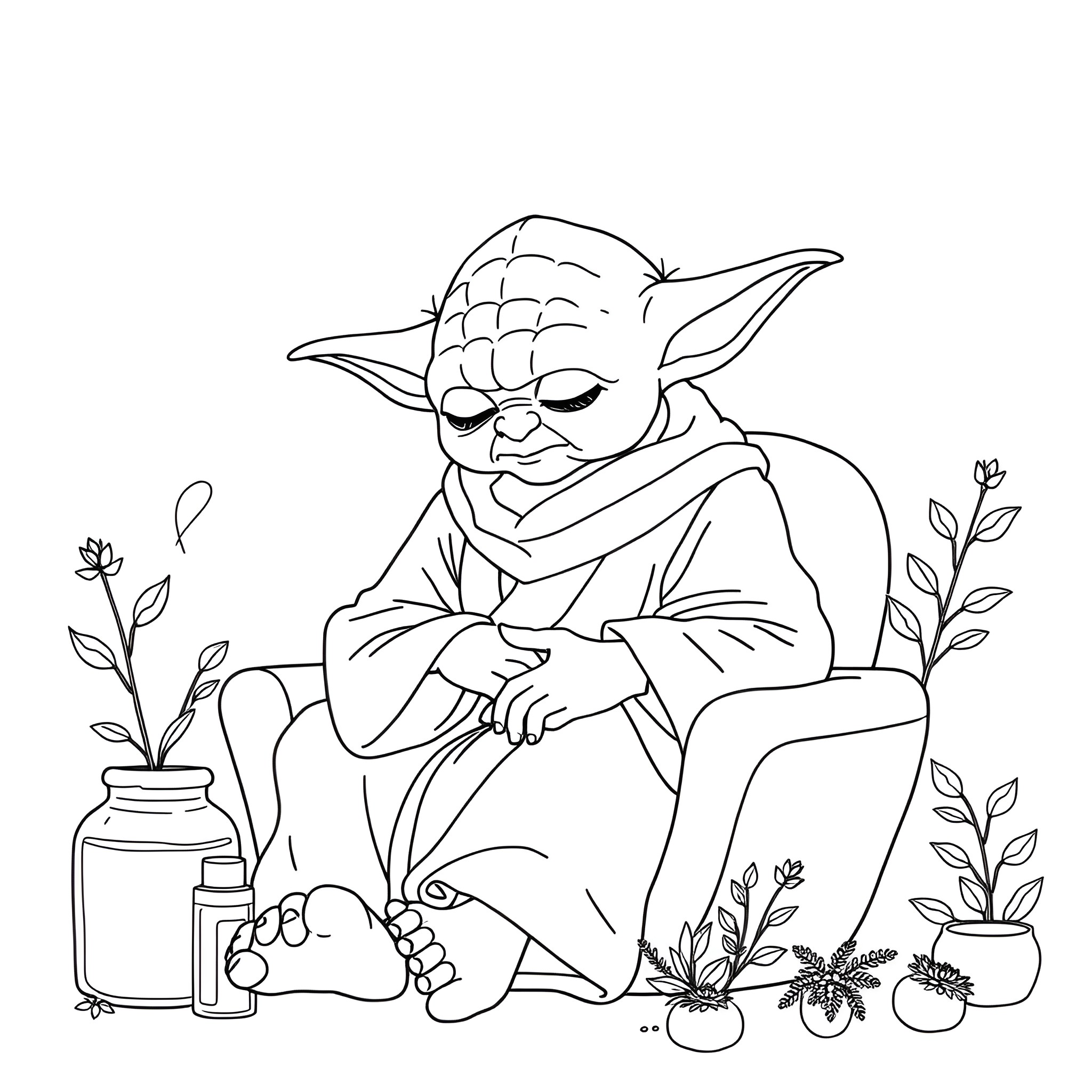 Yoda sitting peacefully in nature Coloring Page (free black-and-white line drawing printable PDF for all, from beginners to advanced learners, including children, teens, adults, and seniors)