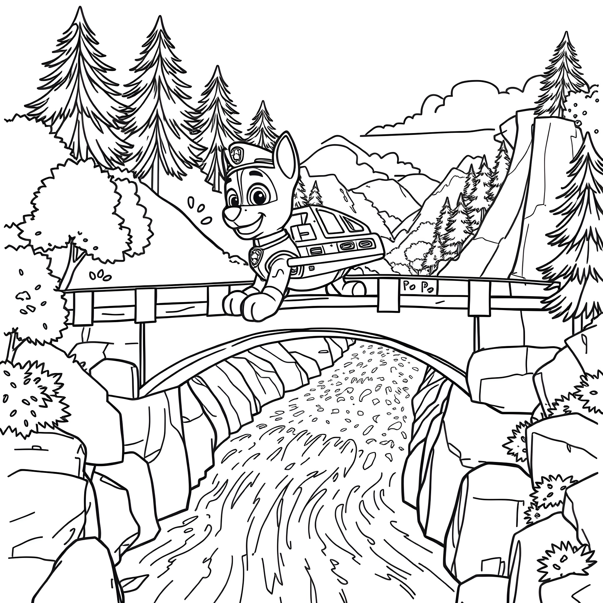 Chase through the Wilderness Bridge Coloring Page (free black-and-white line drawing printable PDF for all, from beginners to advanced learners, including children, teens, adults, and seniors)