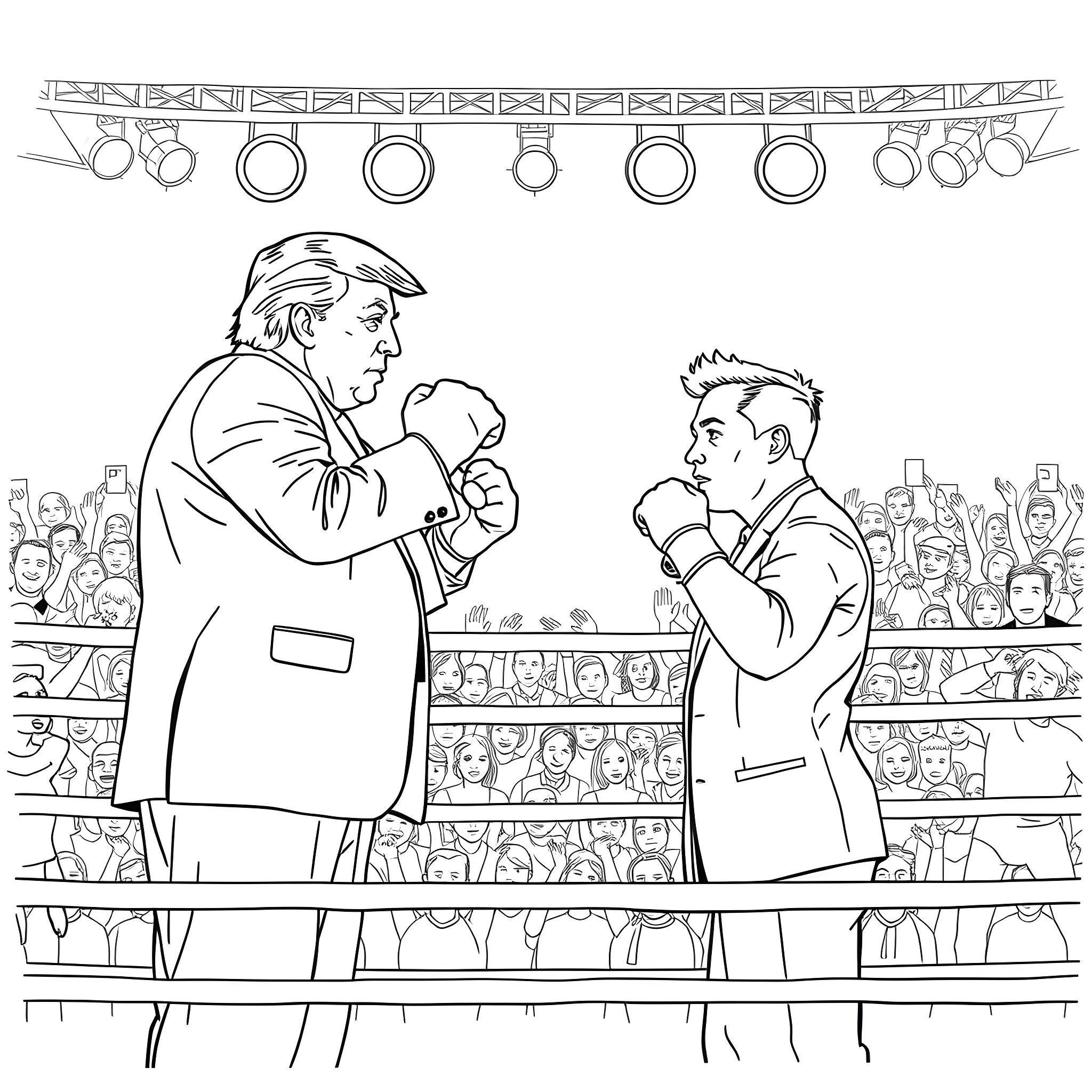 Donald Trump Boxing Match with Challenger in Stadium Coloring Page (free black-and-white line drawing printable PDF for all, from beginners to advanced learners, including children, teens, adults, and seniors)