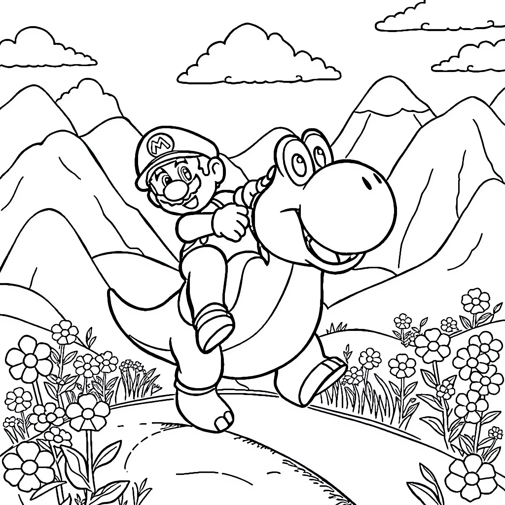 Mario's Adventure in the Mountains and Flowers Coloring Page (free black-and-white line drawing printable PDF for all, from beginners to advanced learners, including children, teens, adults, and seniors)