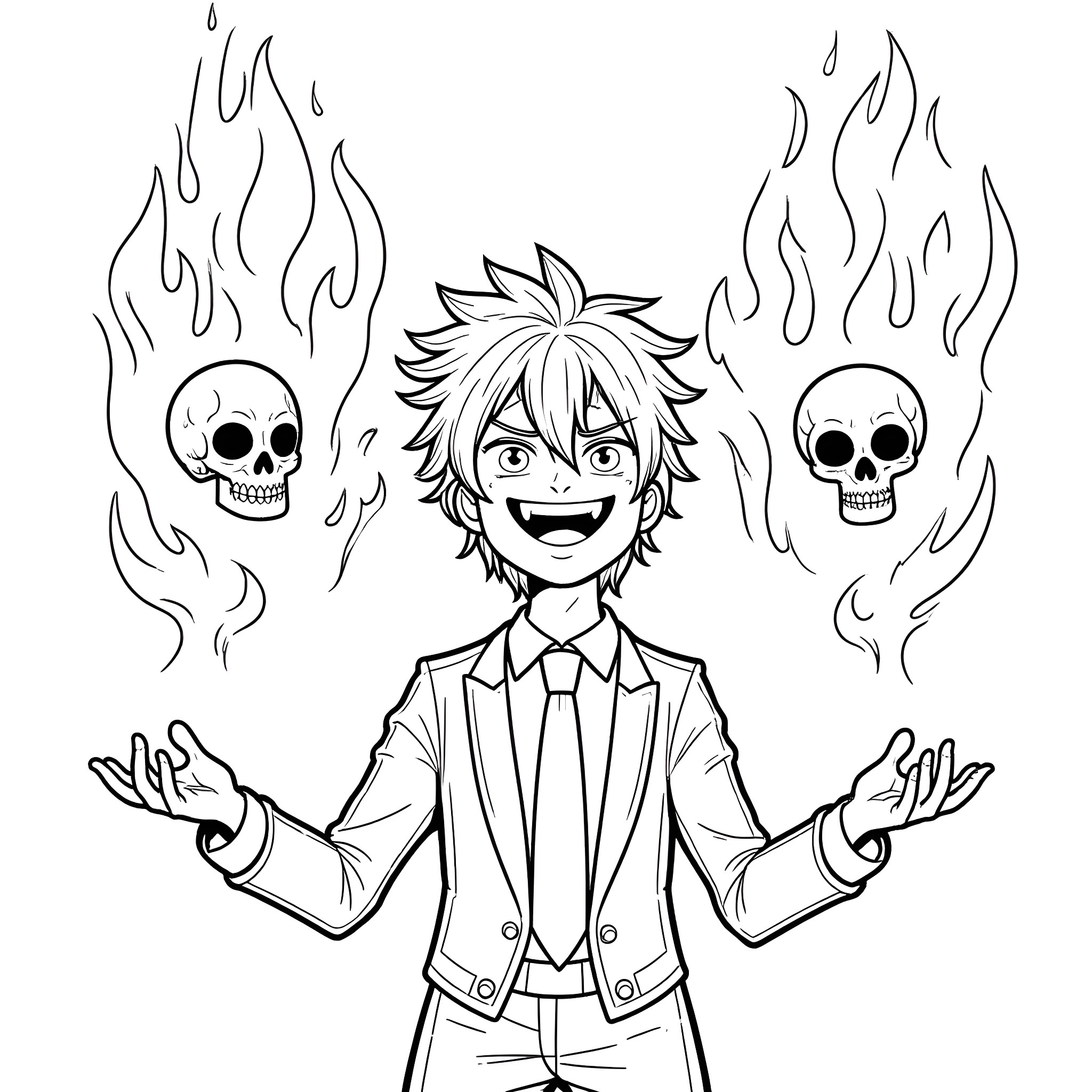 Ryomen Sukuna wielding flames and skulls Coloring Page (free black-and-white line drawing printable PDF for all, from beginners to advanced learners, including children, teens, adults, and seniors)