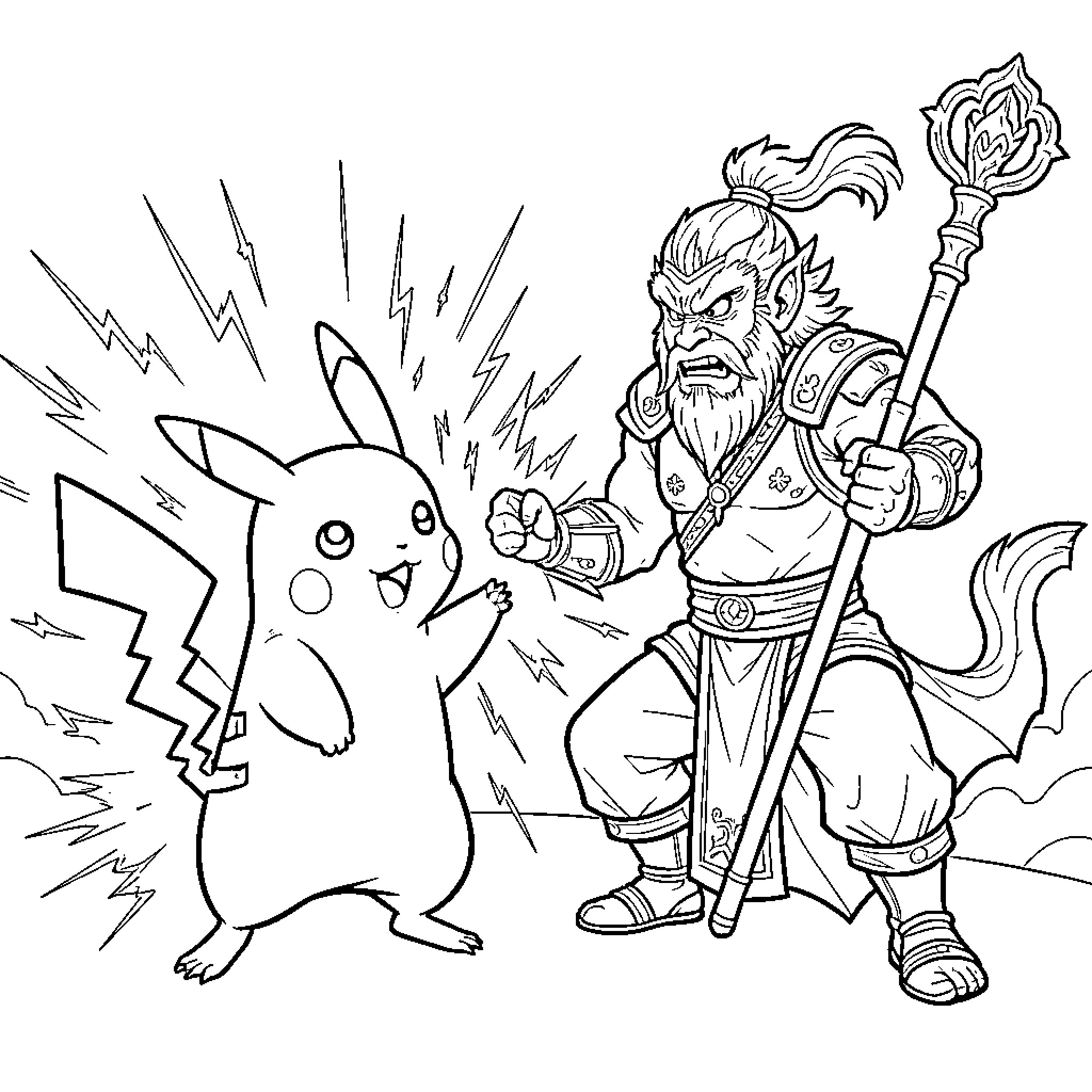 Pikachu facing off against a legendary monkey warrior Coloring Page (free black-and-white line drawing printable PDF for all, from beginners to advanced learners, including children, teens, adults, and seniors)