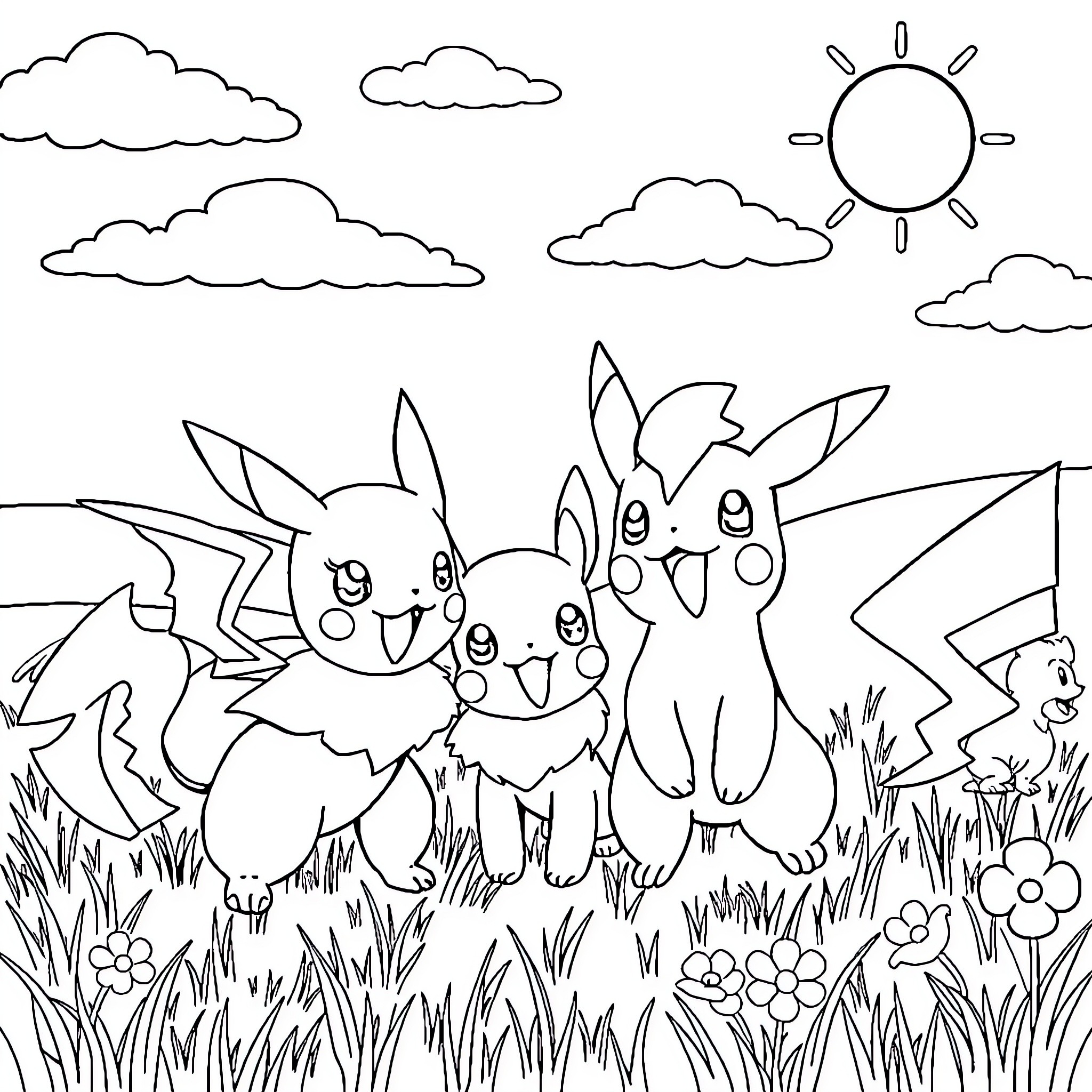 Pokémon characters happily playing in a nature scene Coloring Page (free black-and-white line drawing printable PDF for all, from beginners to advanced learners, including children, teens, adults, and seniors)
