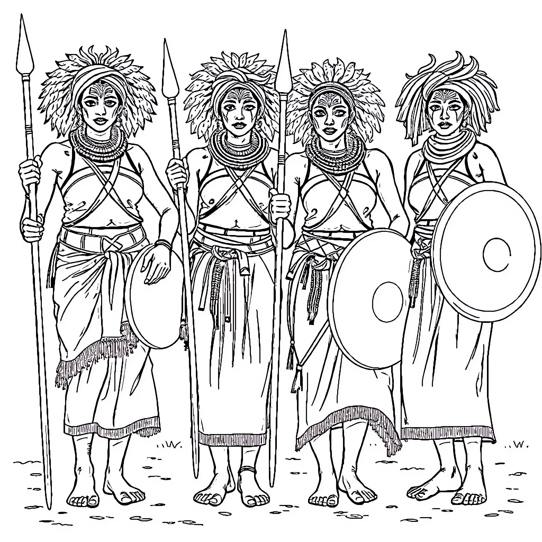 Women warriors in ceremonial tribal attire Coloring Page (free black-and-white line drawing printable PDF for all, from beginners to advanced learners, including children, teens, adults, and seniors)