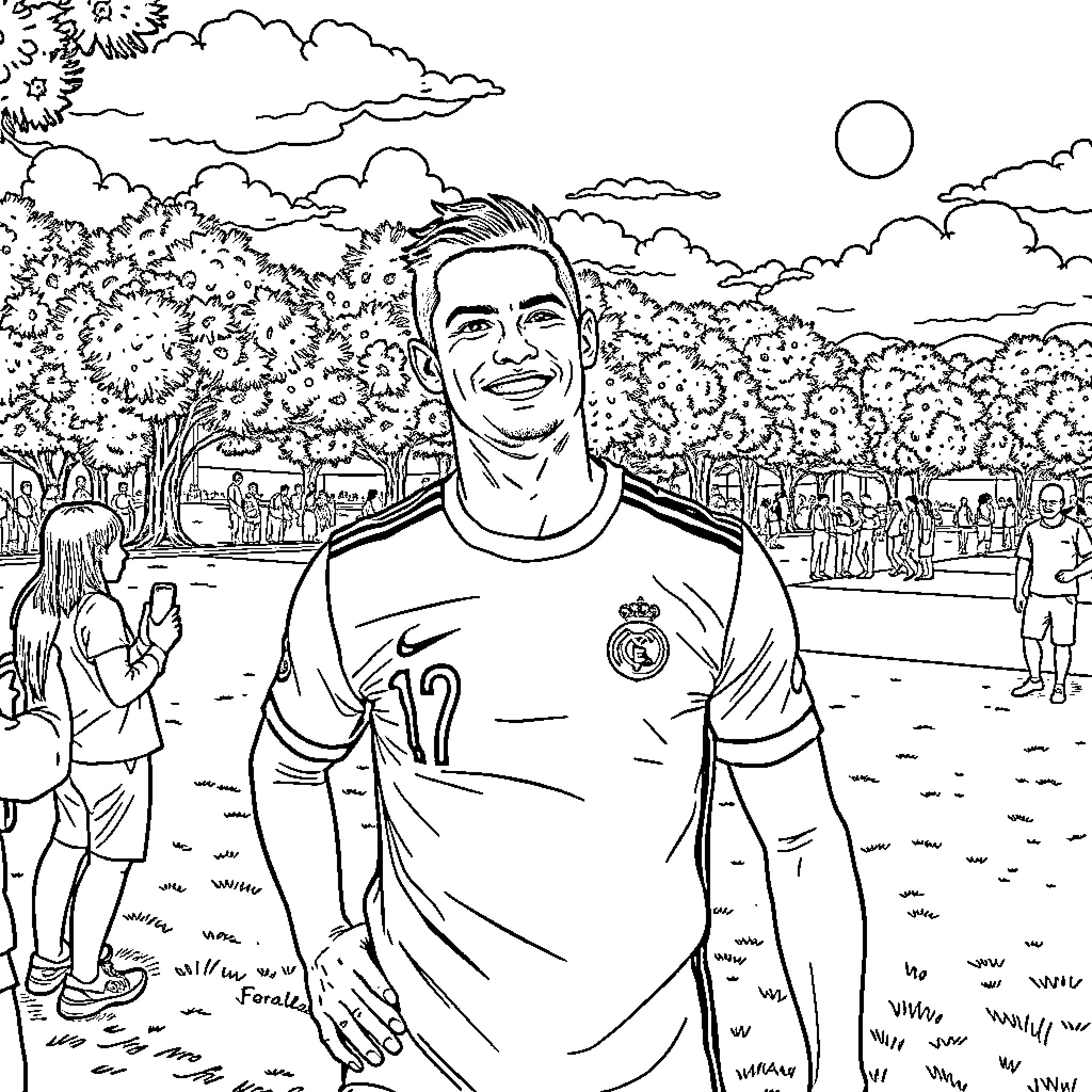 Cristiano Ronaldo enjoying a sunny day in the park Coloring Page (free black-and-white line drawing printable PDF for all, from beginners to advanced learners, including children, teens, adults, and seniors)