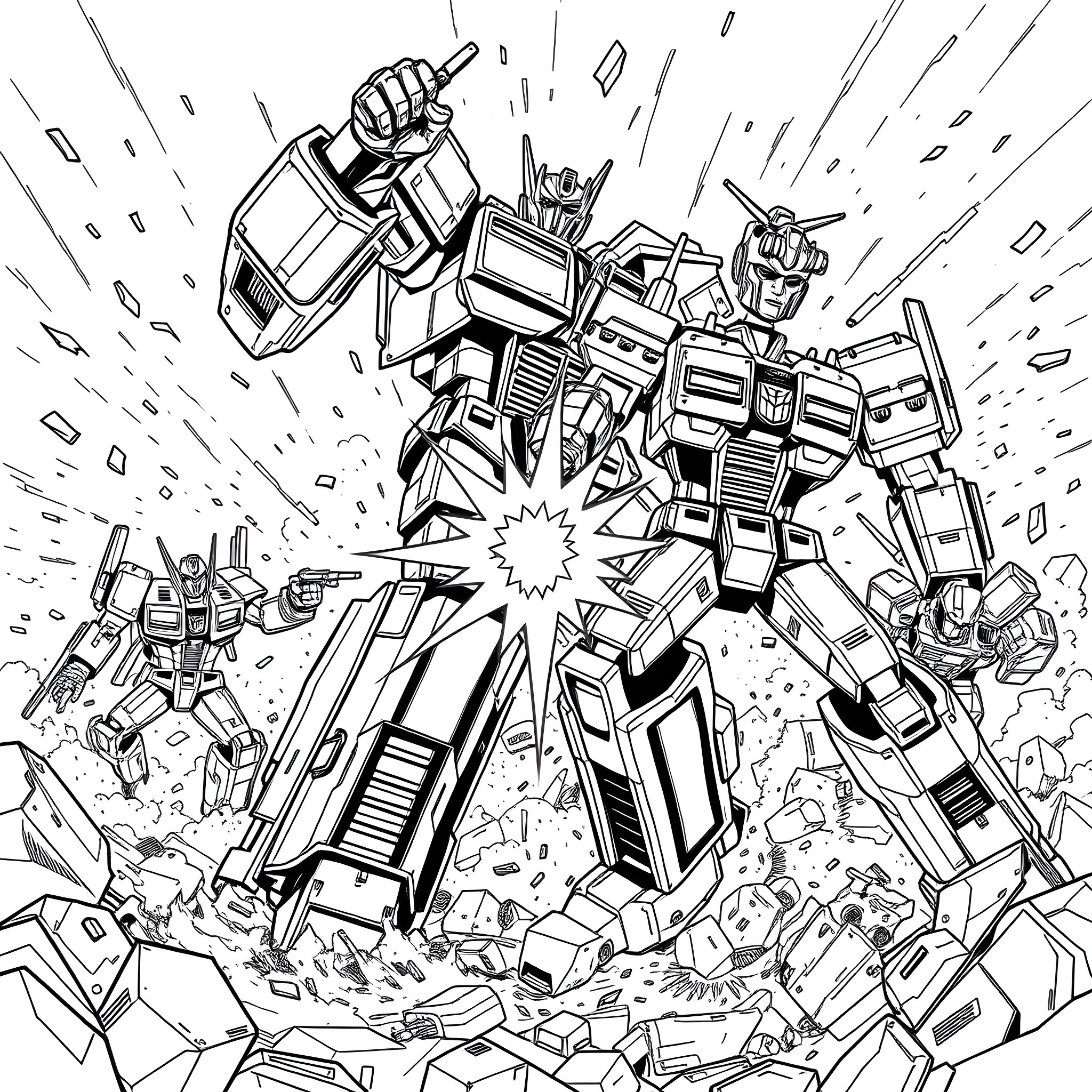 Transformer robots in fierce battle Coloring Page (free black-and-white line drawing printable PDF for all, from beginners to advanced learners, including children, teens, adults, and seniors)