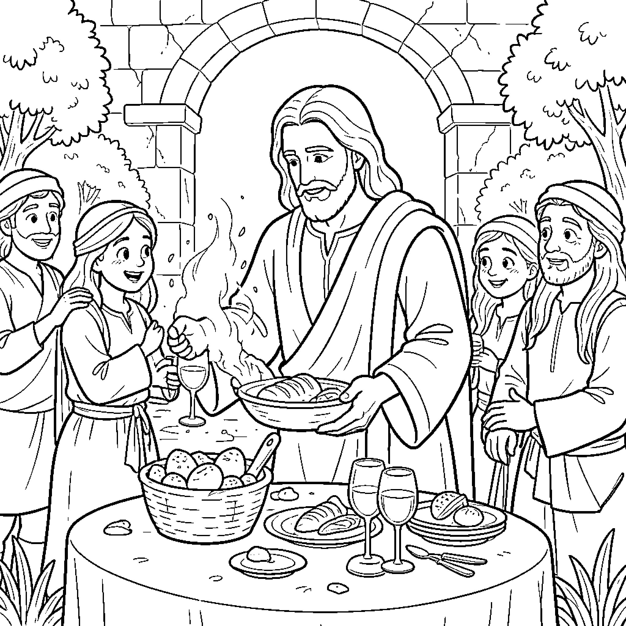 Jesus sharing bread and wine with followers at a table Coloring Page (free black-and-white line drawing printable PDF for all, from beginners to advanced learners, including children, teens, adults, and seniors)