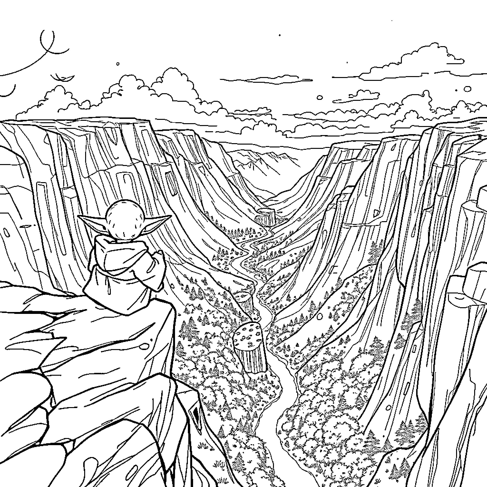 Yoda overlooking the rugged, scenic landscape Coloring Page (free black-and-white line drawing printable PDF for all, from beginners to advanced learners, including children, teens, adults, and seniors)