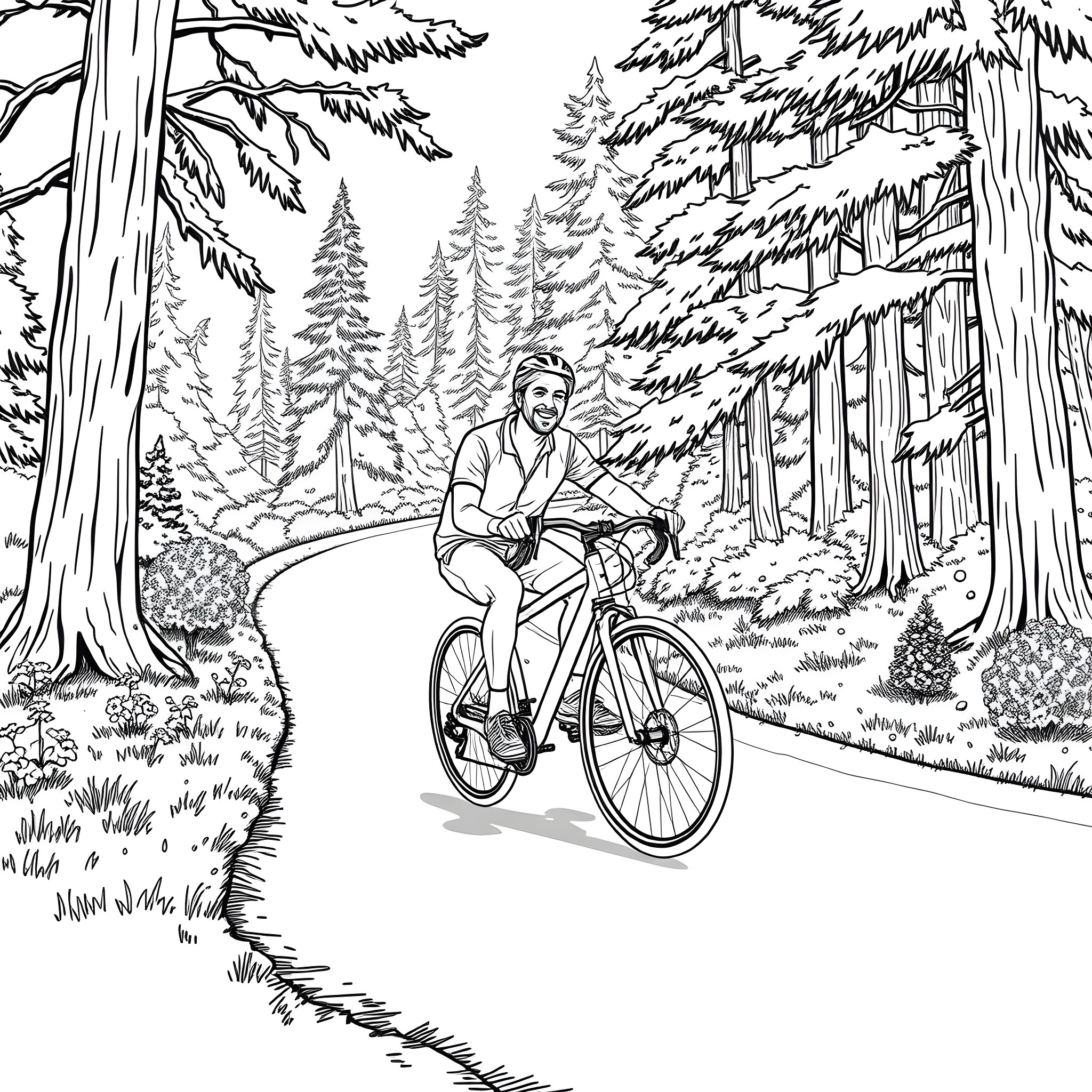 Mike Morton cycling through the scenic forest Coloring Page (free black-and-white line drawing printable PDF for all, from beginners to advanced learners, including children, teens, adults, and seniors)