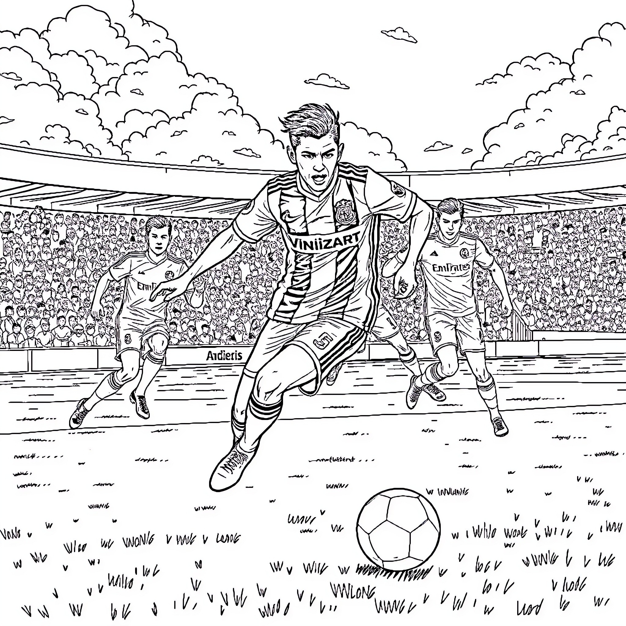 Vinicius Junior excelling on the soccer field Coloring Page (free black-and-white line drawing printable PDF for all, from beginners to advanced learners, including children, teens, adults, and seniors)