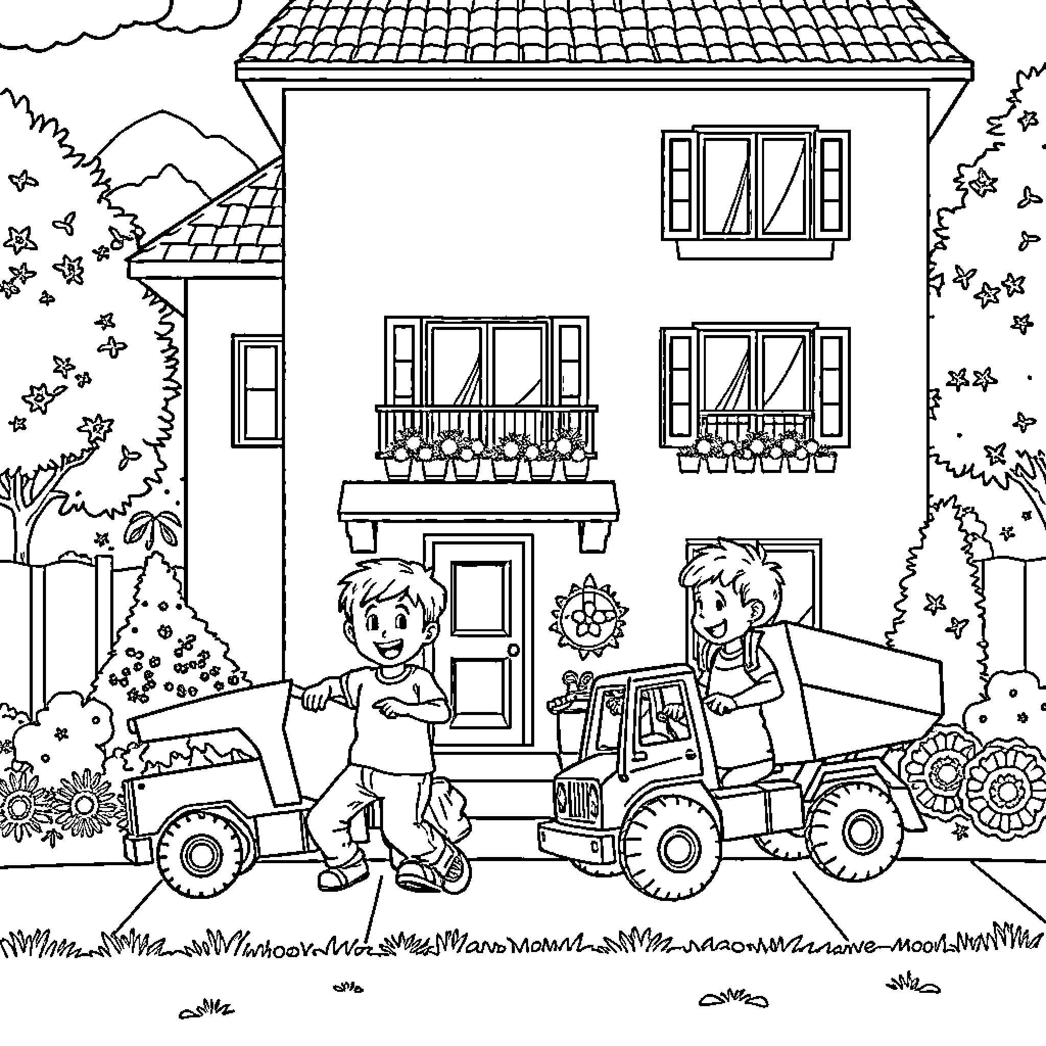 Garçon's Construction Site Adventure Coloring Page (free black-and-white line drawing printable PDF for all, from beginners to advanced learners, including children, teens, adults, and seniors)