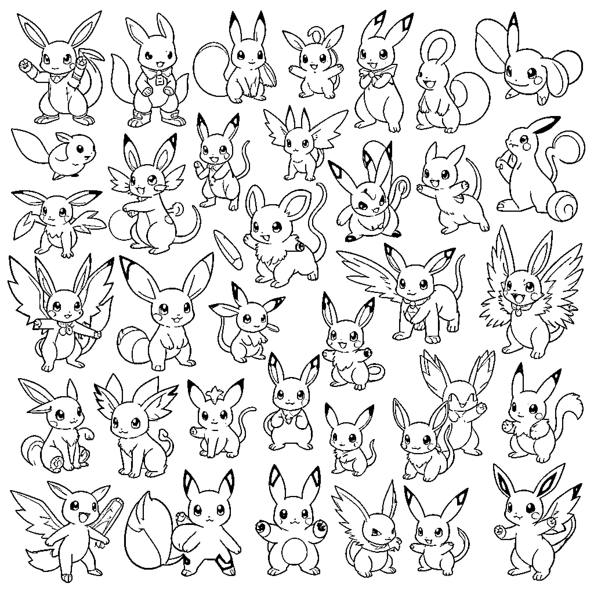 Pokémon Diverse Bunny-like Creatures in Action Coloring Page (free black-and-white line drawing printable PDF for all, from beginners to advanced learners, including children, teens, adults, and seniors)