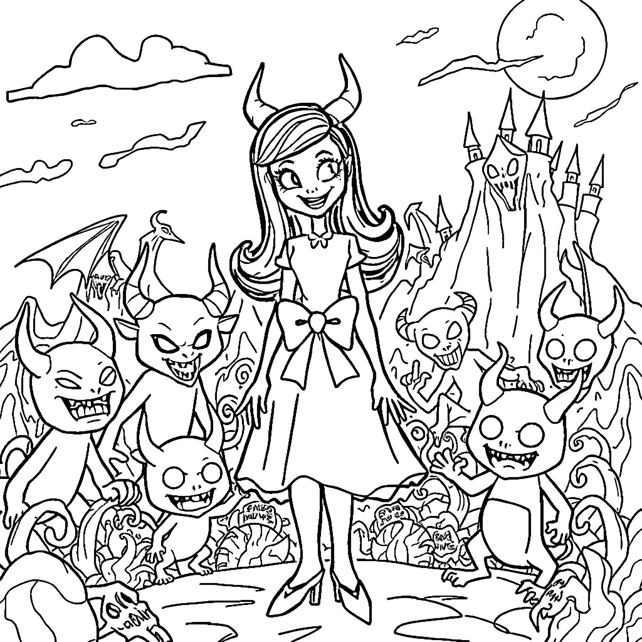 Charlie's Spooky Adventure in the Haunted Castle Coloring Page (free black-and-white line drawing printable PDF for all, from beginners to advanced learners, including children, teens, adults, and seniors)