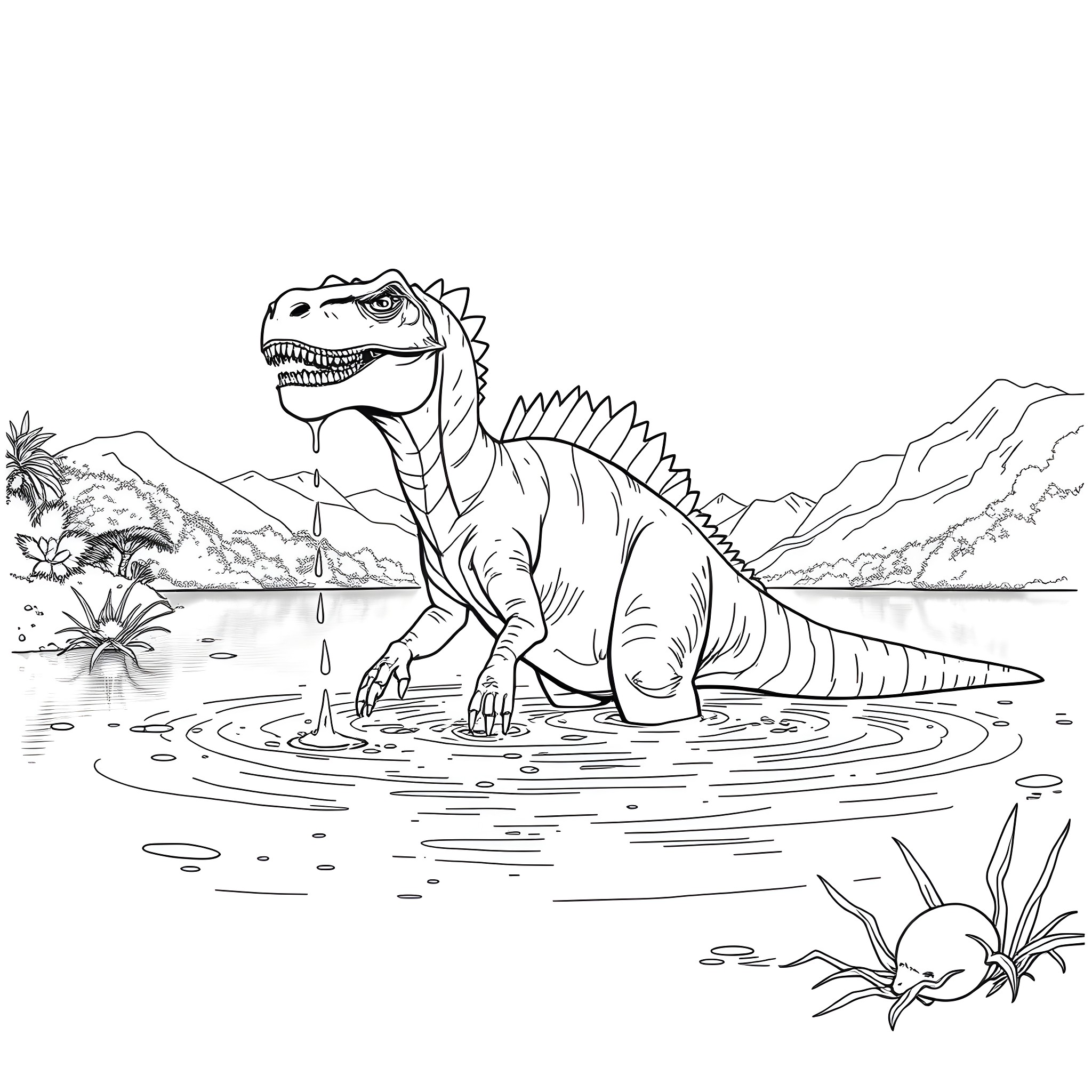 Dinosaur playing in a tranquil river landscape Coloring Page (free black-and-white line drawing printable PDF for all, from beginners to advanced learners, including children, teens, adults, and seniors)