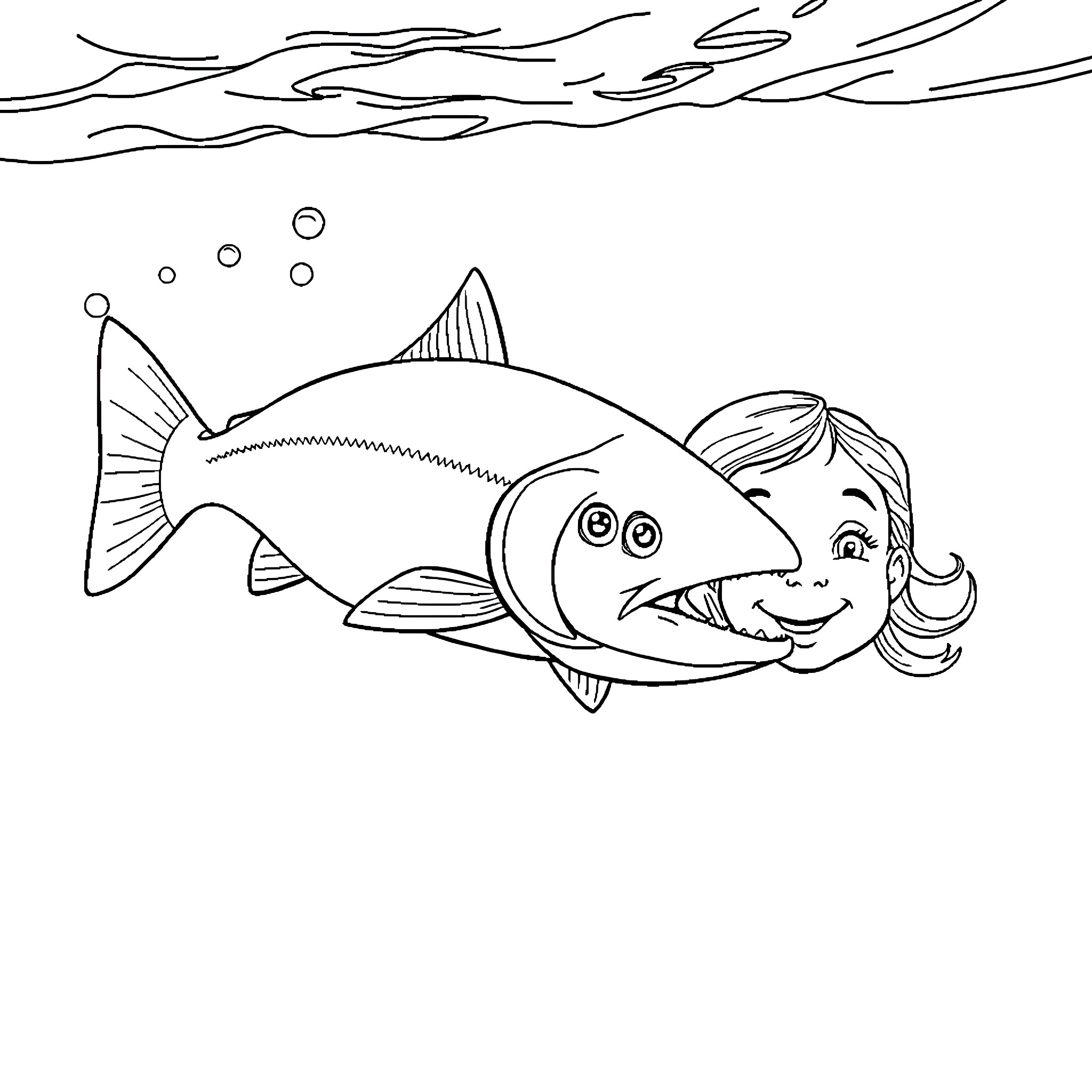 Salmon and young girl playing in underwater scene Coloring Page (free black-and-white line drawing printable PDF for all, from beginners to advanced learners, including children, teens, adults, and seniors)