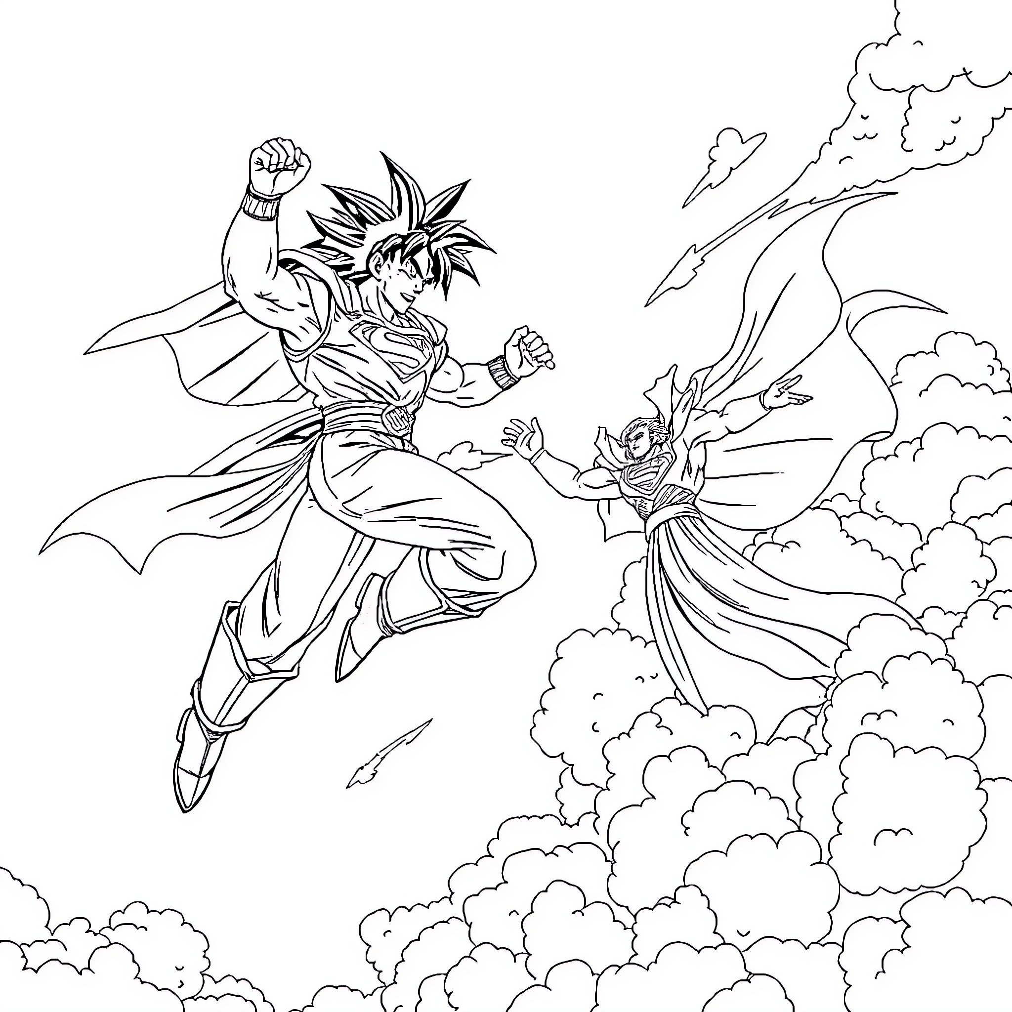 Goku engaging in an epic aerial battle Coloring Page (free black-and-white line drawing printable PDF for all, from beginners to advanced learners, including children, teens, adults, and seniors)