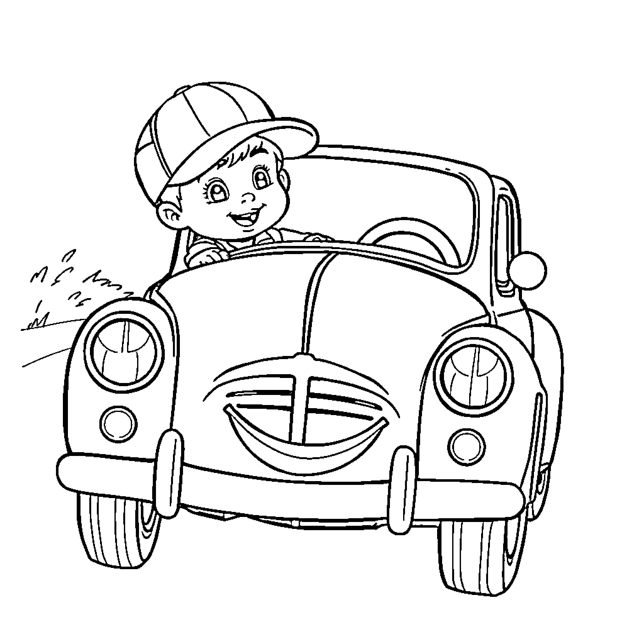 Boy driving a toy car happily Coloring Page (free black-and-white line drawing printable PDF for all, from beginners to advanced learners, including children, teens, adults, and seniors)