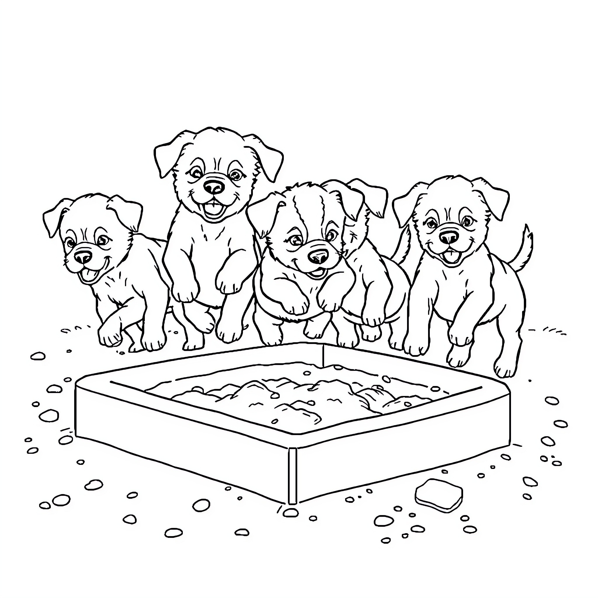 Puppy Playtime in the Sandbox Coloring Page (free black-and-white line drawing printable PDF for all, from beginners to advanced learners, including children, teens, adults, and seniors)