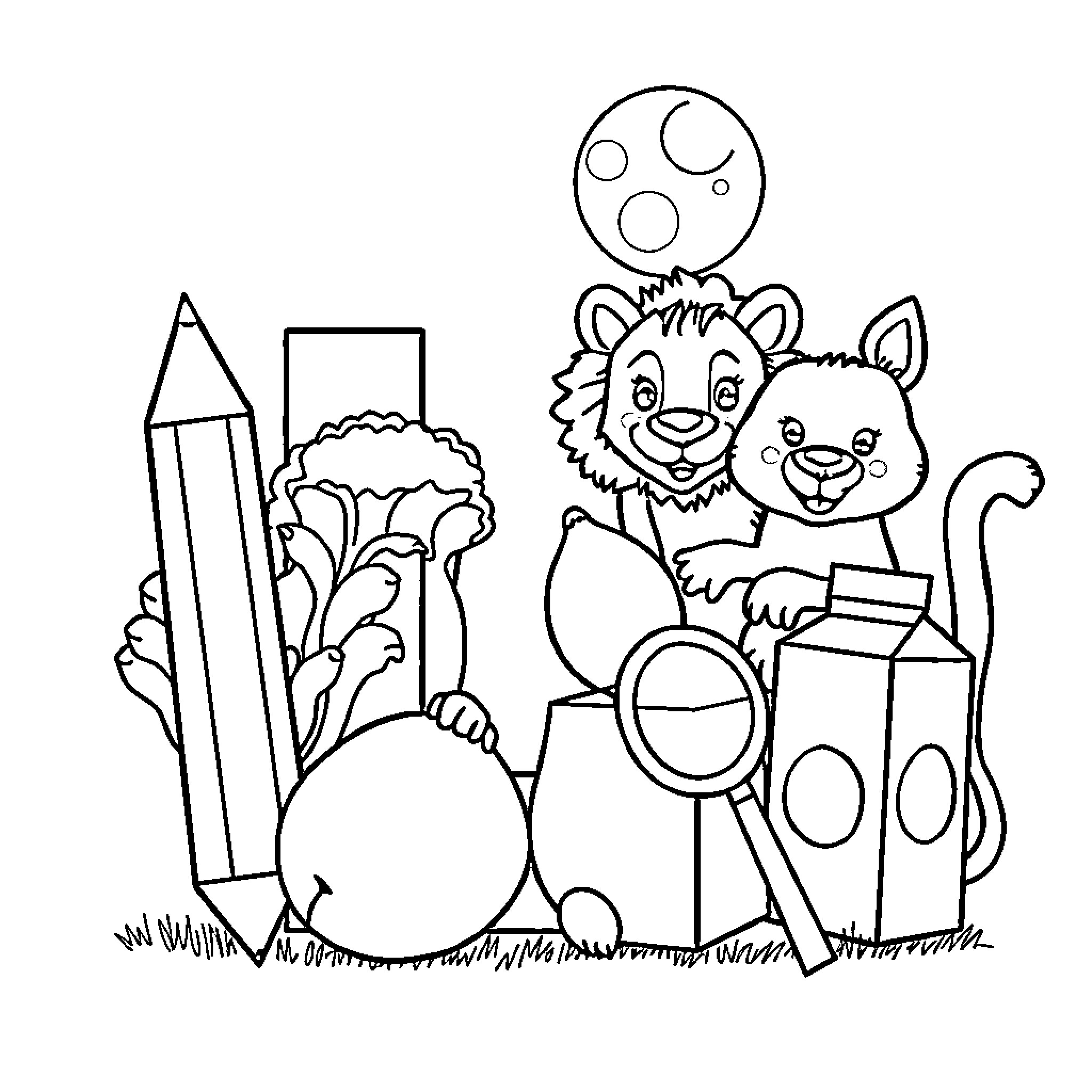 Letter L: Cartoon Animals and School Supplies Coloring Page (free black-and-white line drawing printable PDF for all, from beginners to advanced learners, including children, teens, adults, and seniors)