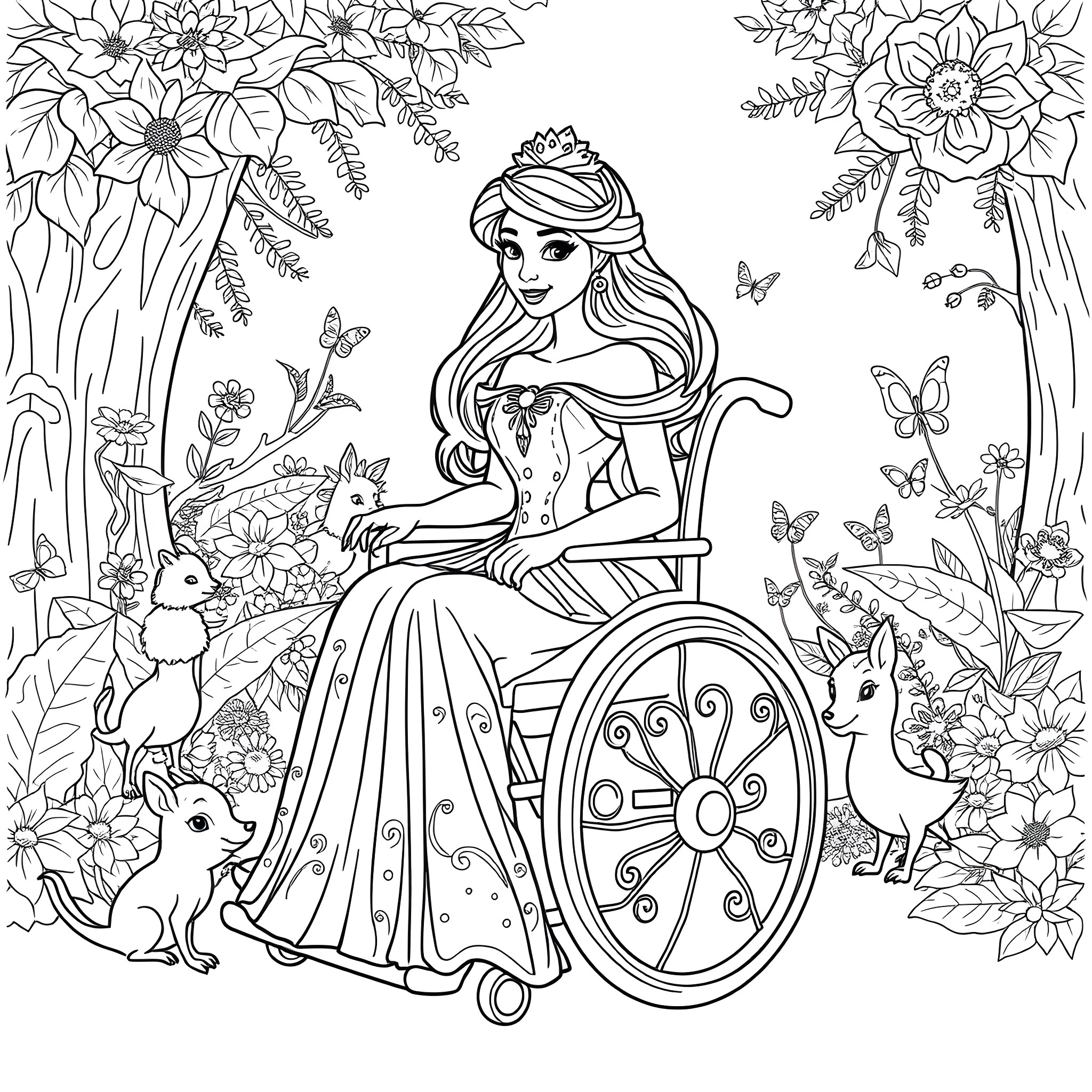 Disney Princess in Floral Garden Wheelchair Coloring Page (free black-and-white line drawing printable PDF for all, from beginners to advanced learners, including children, teens, adults, and seniors)