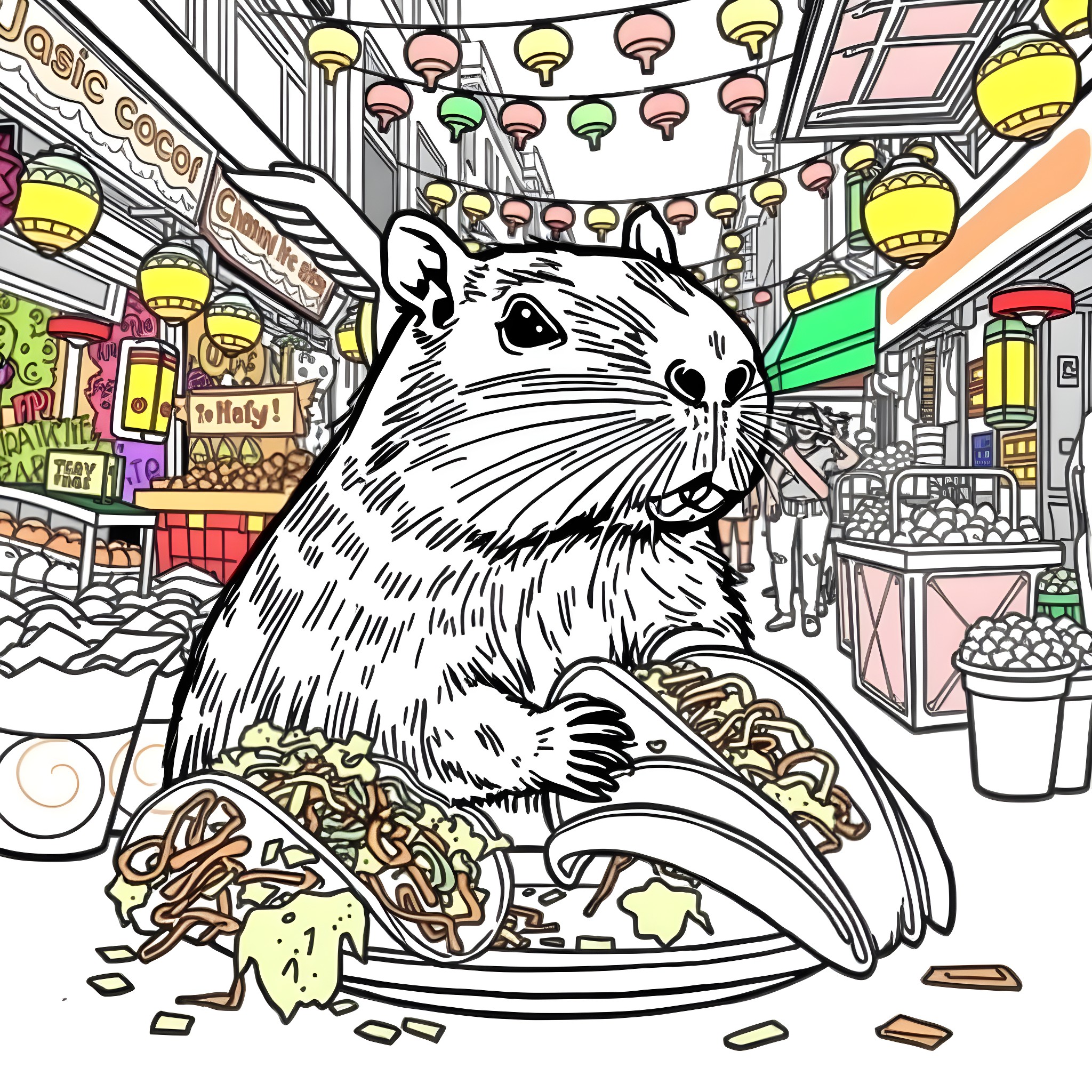 Capybara enjoying a meal in a bustling street market Coloring Page (free black-and-white line drawing printable PDF for all, from beginners to advanced learners, including children, teens, adults, and seniors)
