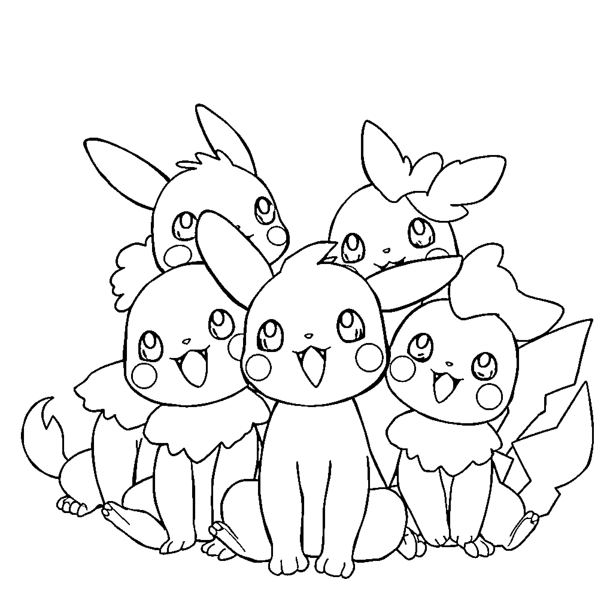 Pokémon friends posing together happily Coloring Page (free black-and-white line drawing printable PDF for all, from beginners to advanced learners, including children, teens, adults, and seniors)