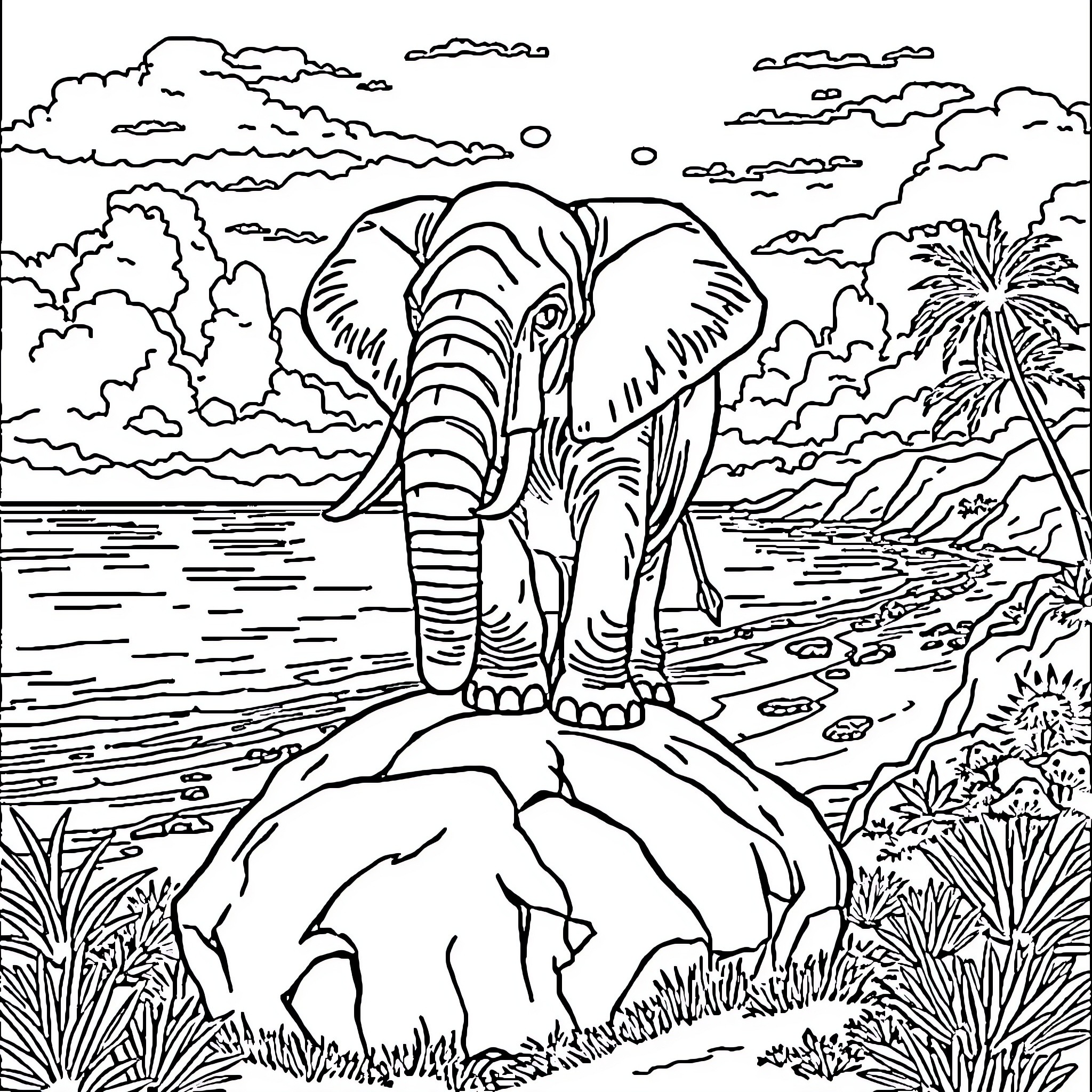 Elephant exploring tropical landscape Coloring Page (free black-and-white line drawing printable PDF for all, from beginners to advanced learners, including children, teens, adults, and seniors)