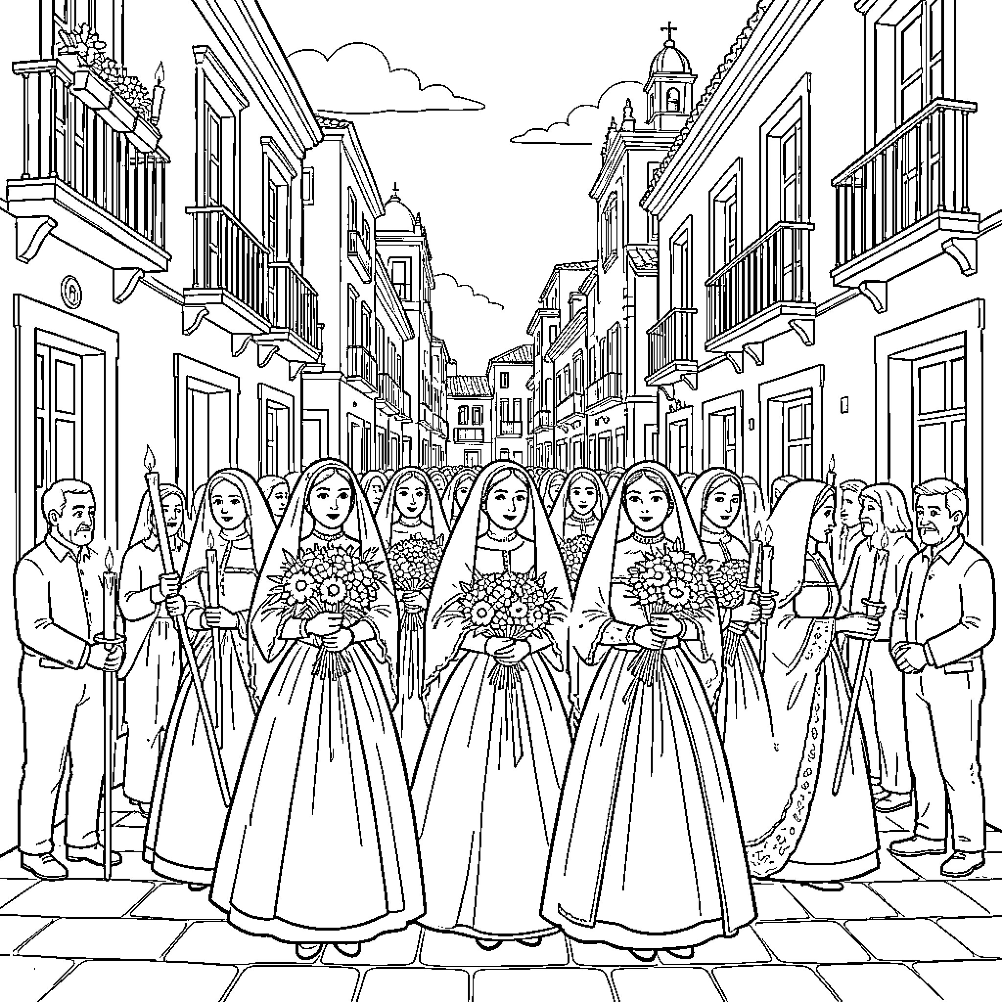 Semana Santa procession in historic city Coloring Page (free black-and-white line drawing printable PDF for all, from beginners to advanced learners, including children, teens, adults, and seniors)
