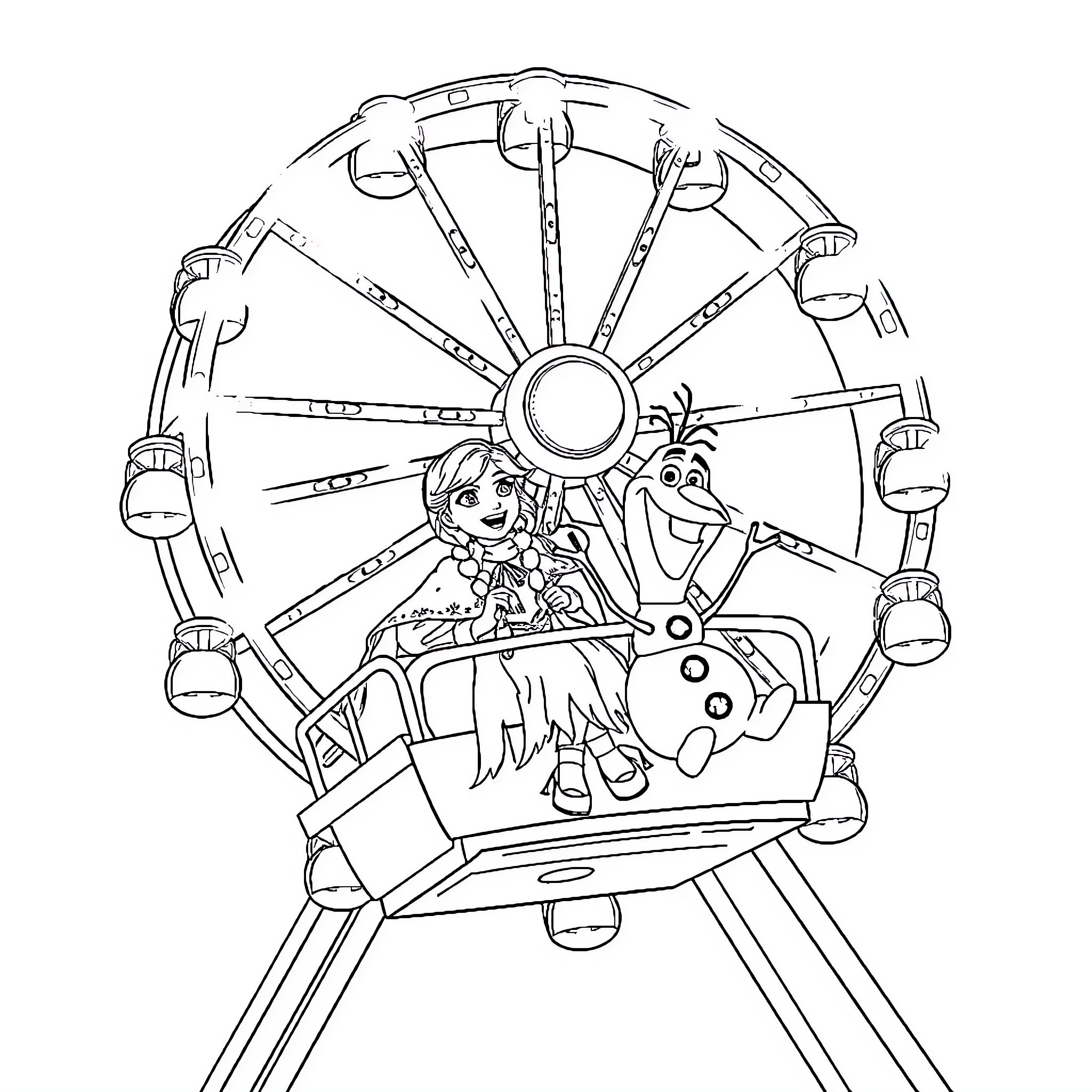 Anna's Ferris Wheel Adventure with Olaf Coloring Page (free black-and-white line drawing printable PDF for all, from beginners to advanced learners, including children, teens, adults, and seniors)