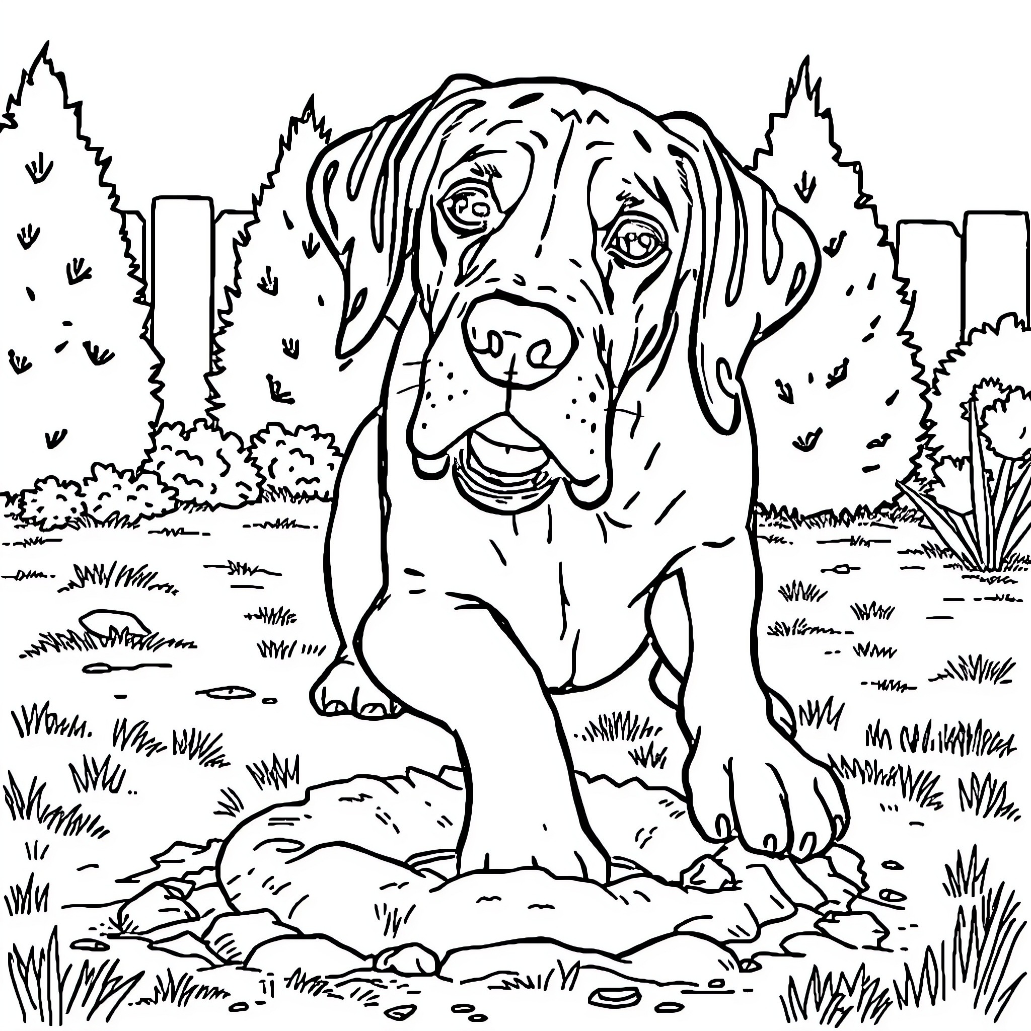 Great Dane enjoying the outdoors in a natural setting Coloring Page (free black-and-white line drawing printable PDF for all, from beginners to advanced learners, including children, teens, adults, and seniors)