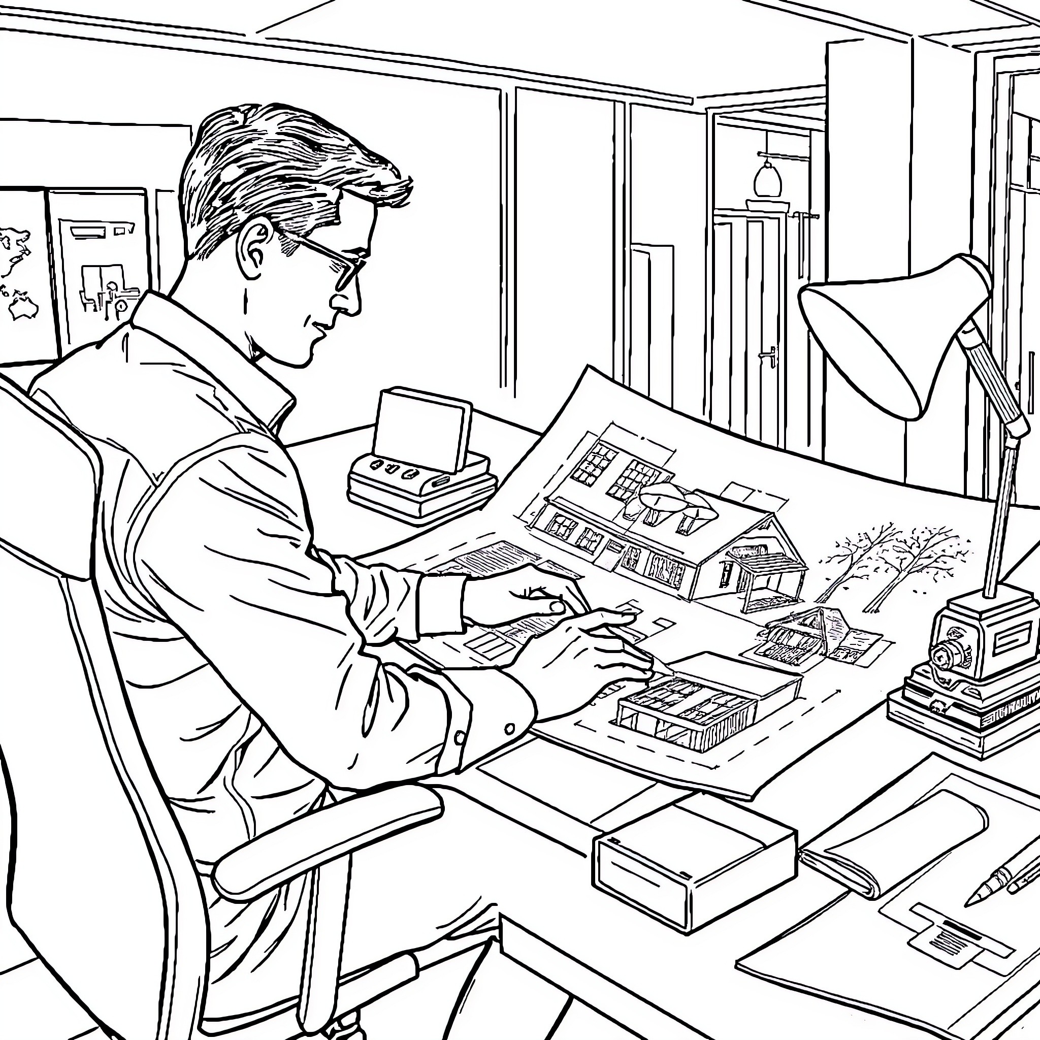 Employee Intently Working at Desk in Office Coloring Page (free black-and-white line drawing printable PDF for all, from beginners to advanced learners, including children, teens, adults, and seniors)