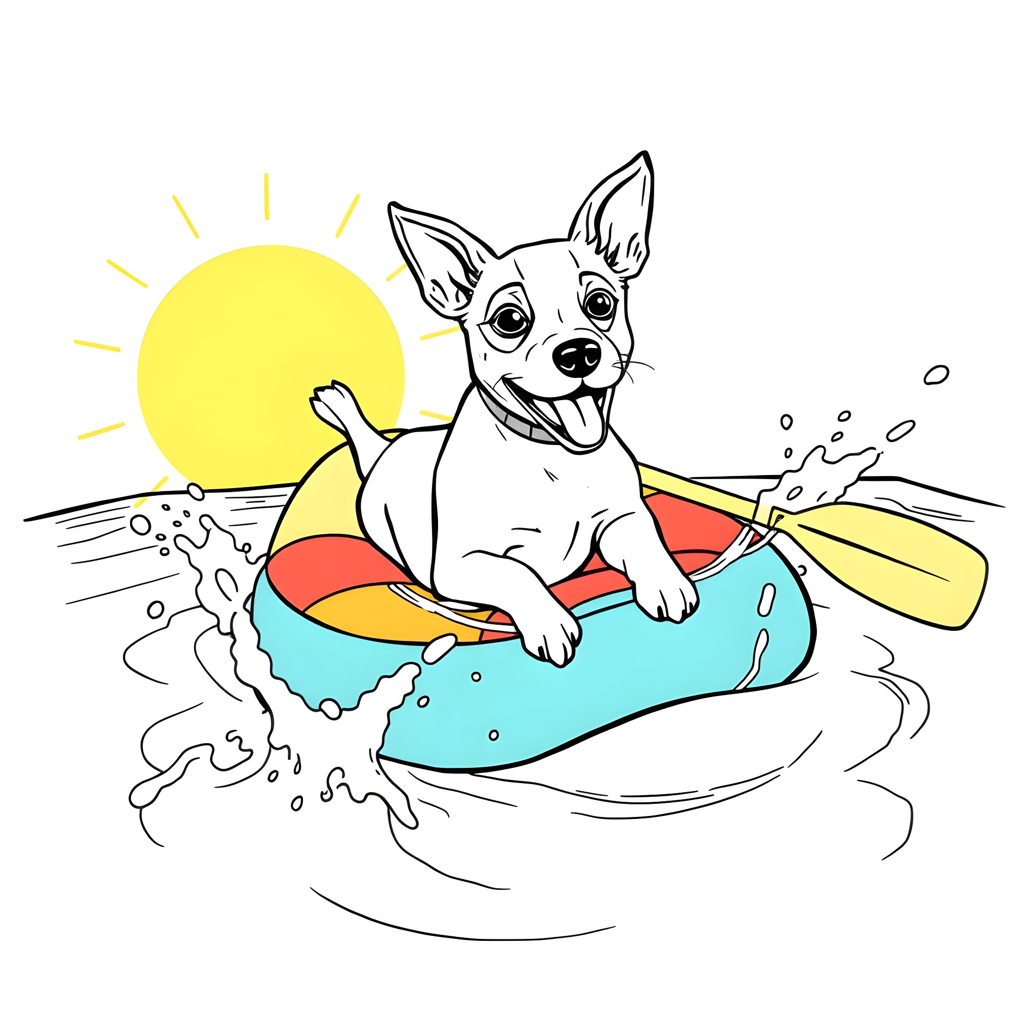 Jack Russell Terrier playing in the pool on a sunny day Coloring Page (free black-and-white line drawing printable PDF for all, from beginners to advanced learners, including children, teens, adults, and seniors)