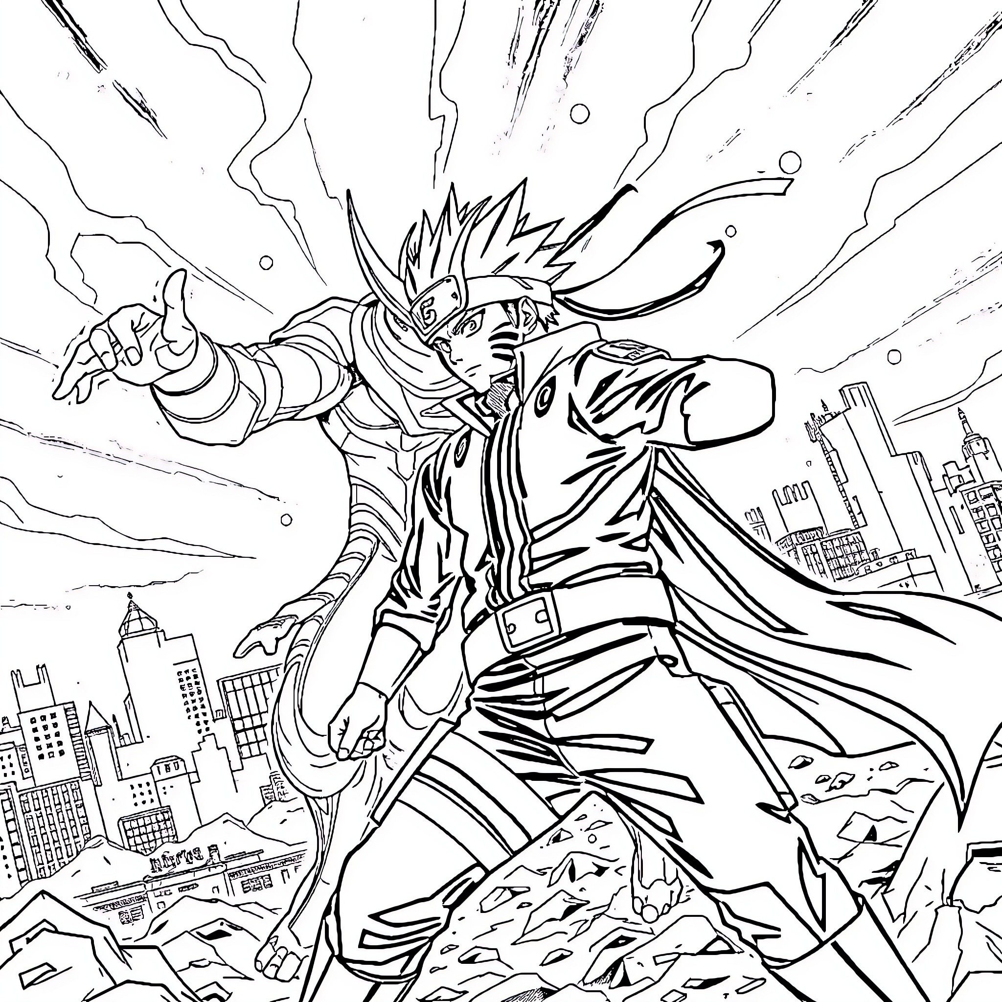 Naruto Unleashes Powerful Ninja Abilities in City Backdrop Coloring Page (free black-and-white line drawing printable PDF for all, from beginners to advanced learners, including children, teens, adults, and seniors)