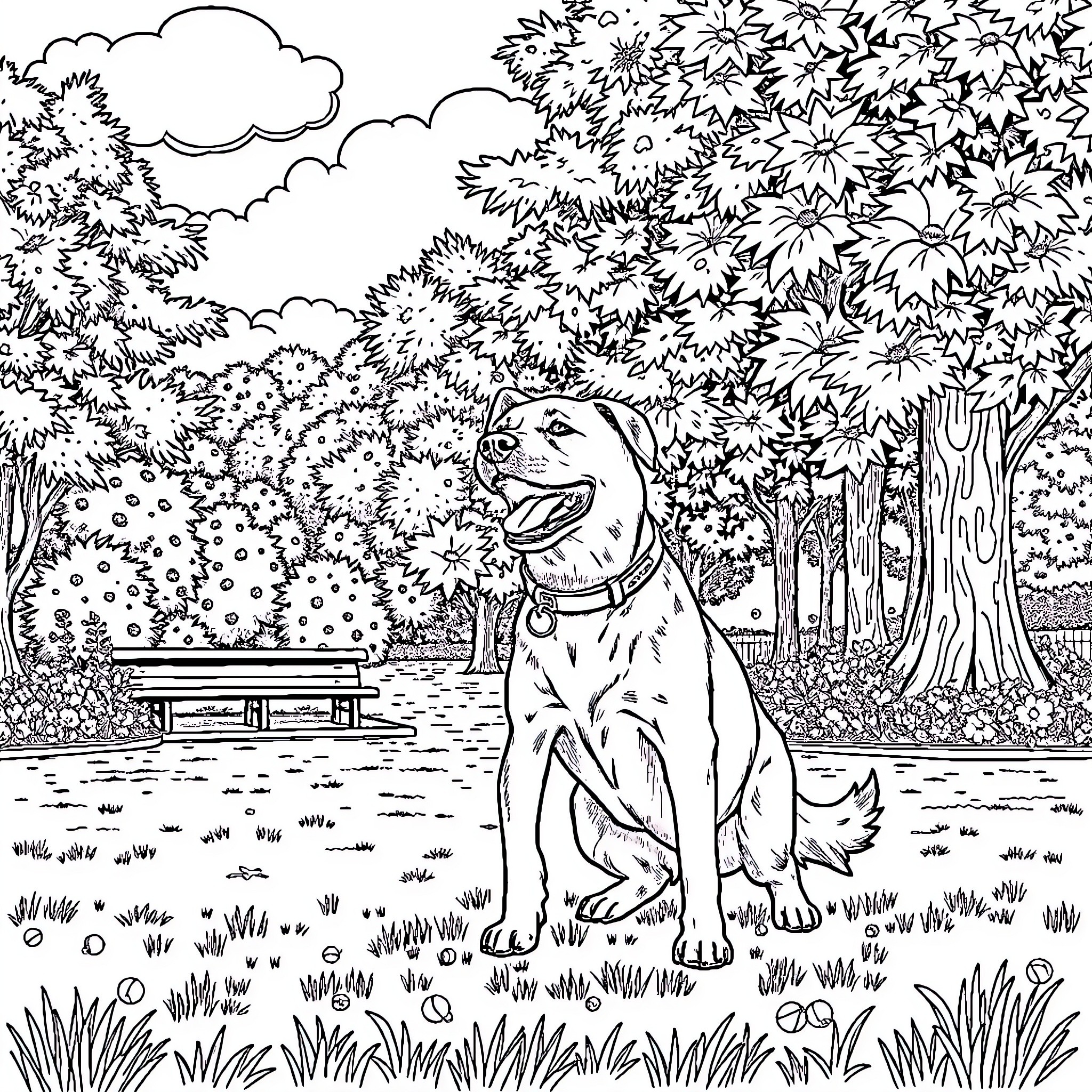 Dog enjoying the outdoor scenery Coloring Page (free black-and-white line drawing printable PDF for all, from beginners to advanced learners, including children, teens, adults, and seniors)
