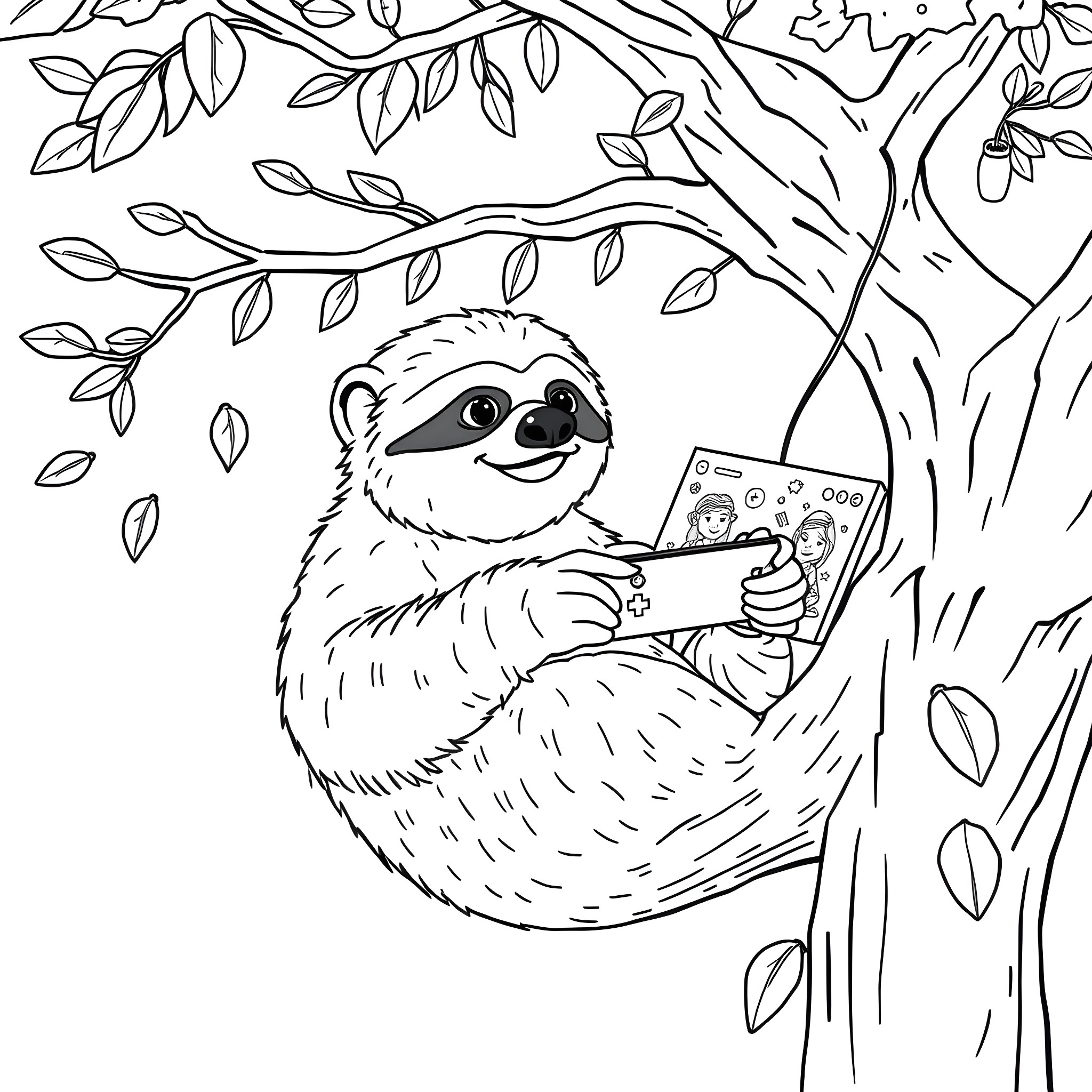 Sloth relaxing and playing a video game in the tree Coloring Page (free black-and-white line drawing printable PDF for all, from beginners to advanced learners, including children, teens, adults, and seniors)