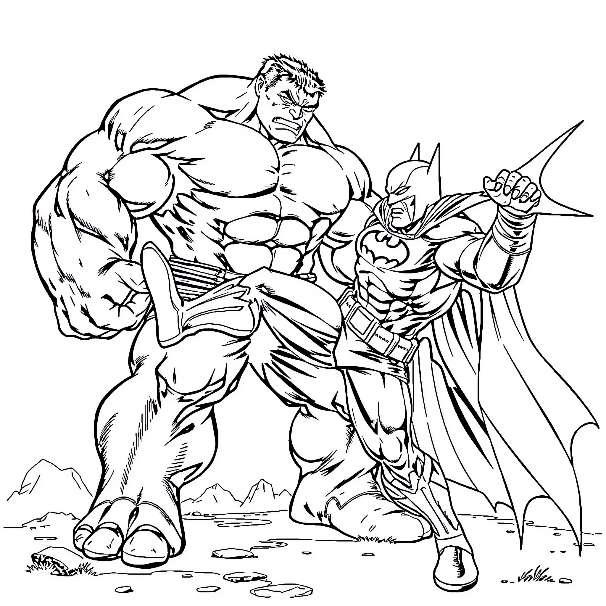 Hulk battling alongside heroic caped crusader Coloring Page (free black-and-white line drawing printable PDF for all, from beginners to advanced learners, including children, teens, adults, and seniors)
