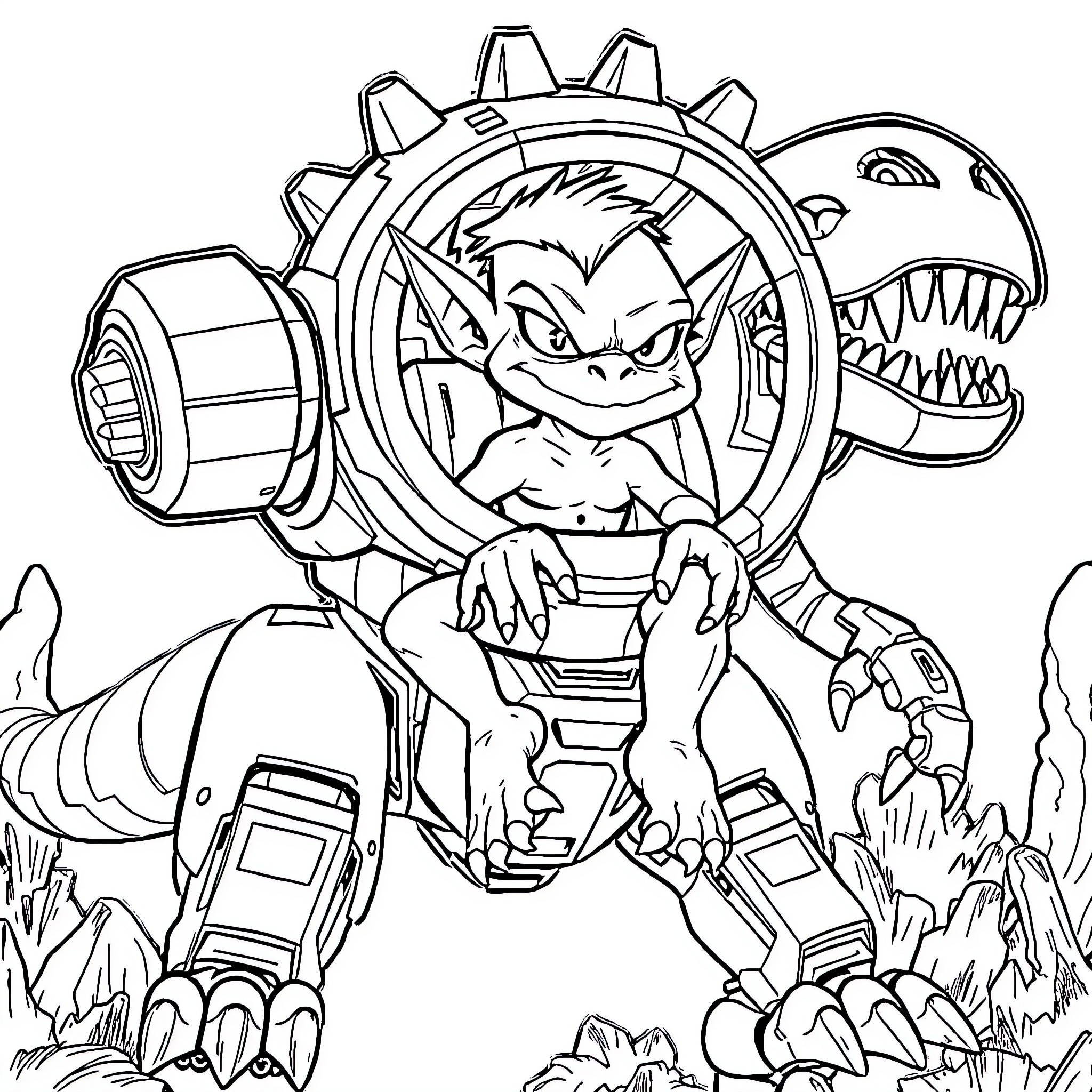 Goblin Warrior Riding in Mechanical Gear Coloring Page (free black-and-white line drawing printable PDF for all, from beginners to advanced learners, including children, teens, adults, and seniors)