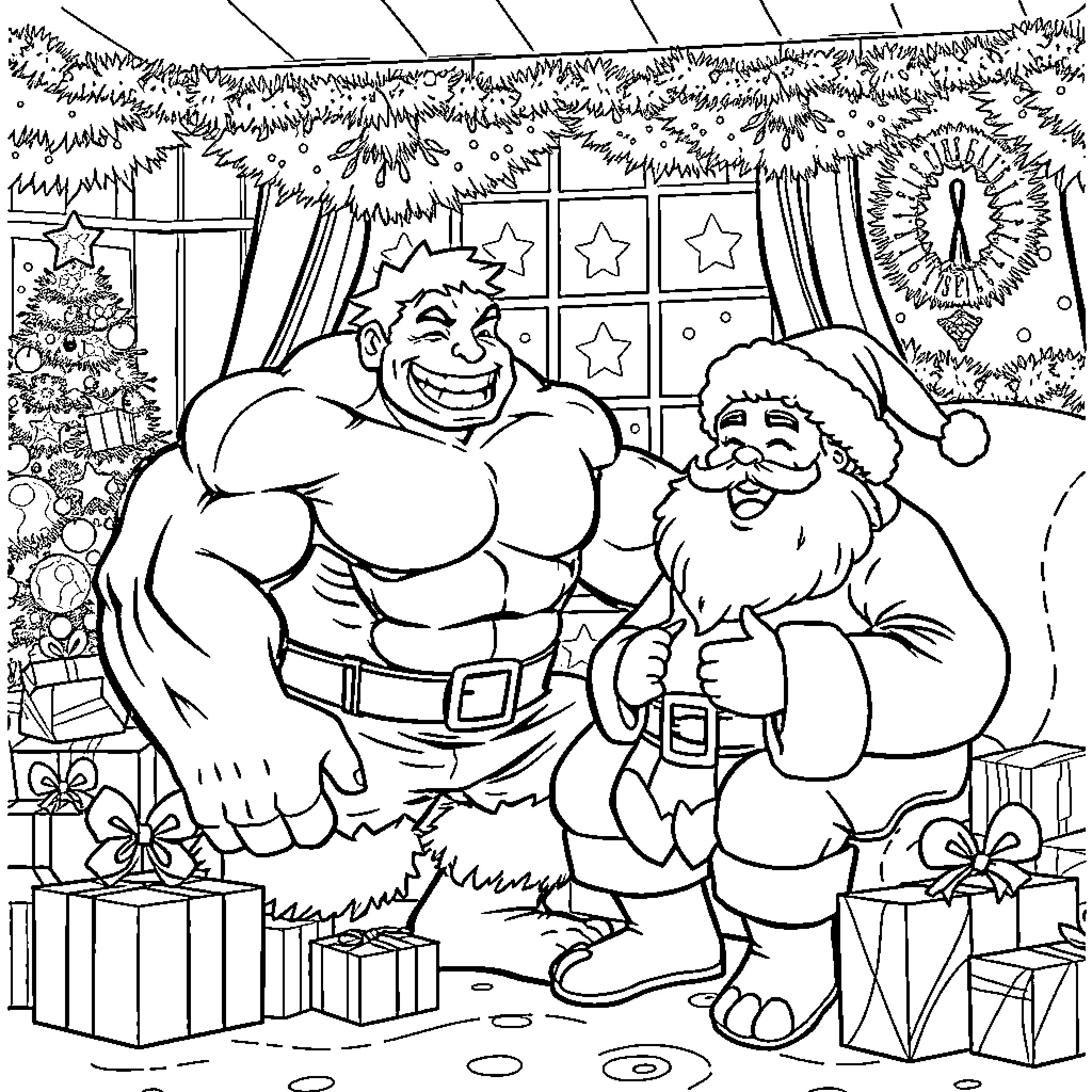 Hulk and Santa Enjoying the Christmas Festivities Coloring Page (free black-and-white line drawing printable PDF for all, from beginners to advanced learners, including children, teens, adults, and seniors)